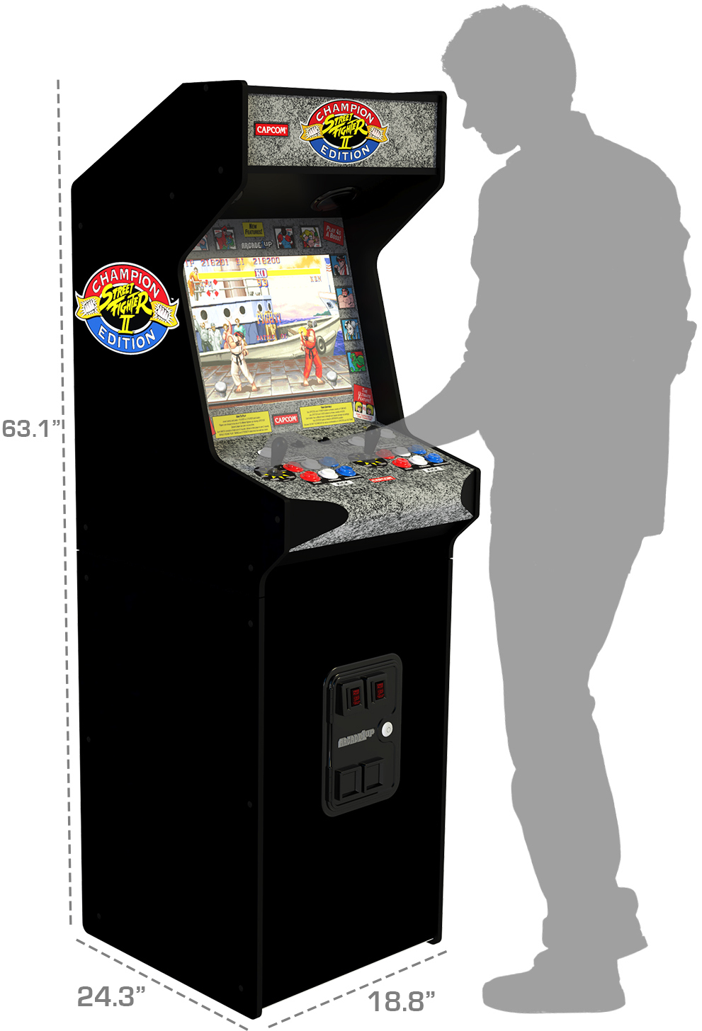 Egy játékautomata egy férfi sziluettjével. A képernyőn egy verekedős játék látható, a 'Champion Street Fighter II Edition'.