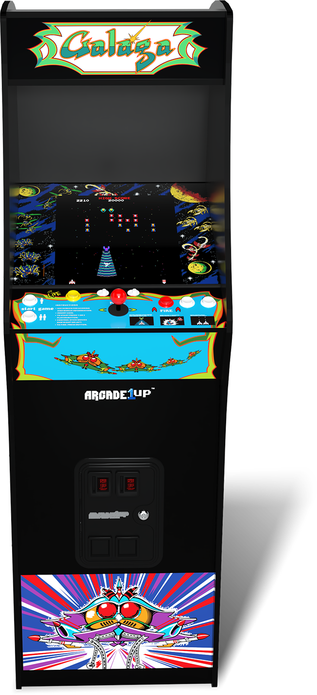 Egy Galaga játékkal ellátott játékautomata. Tartalmazza a játék képernyőjét, a joystickot, a gombokat és a színes grafikákat.