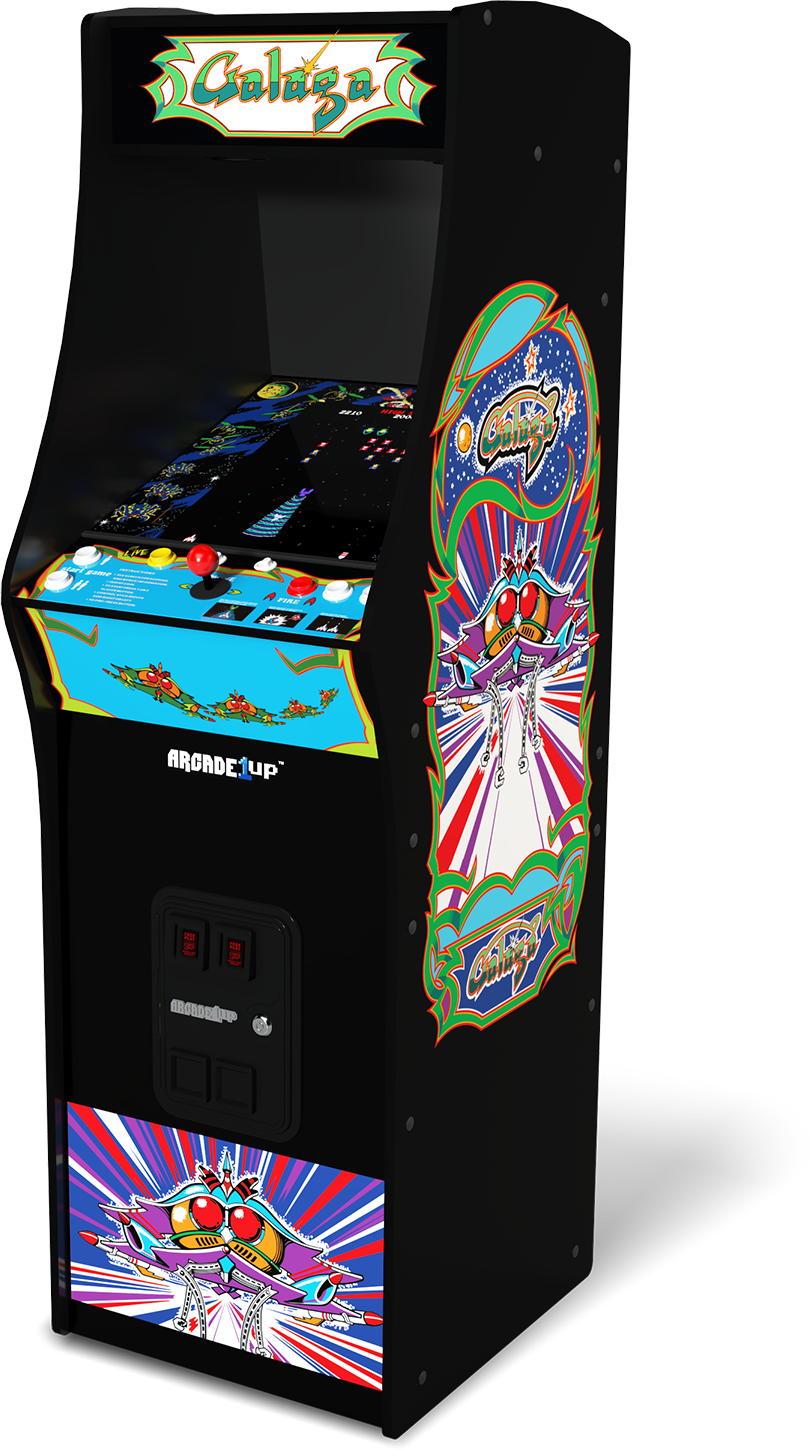 Egy 'Galaga' logóval ellátott arcade gép. Fekete szekrénye van, színes grafikákkal. A vezérlőpanelen joystick és gombok találhatók.