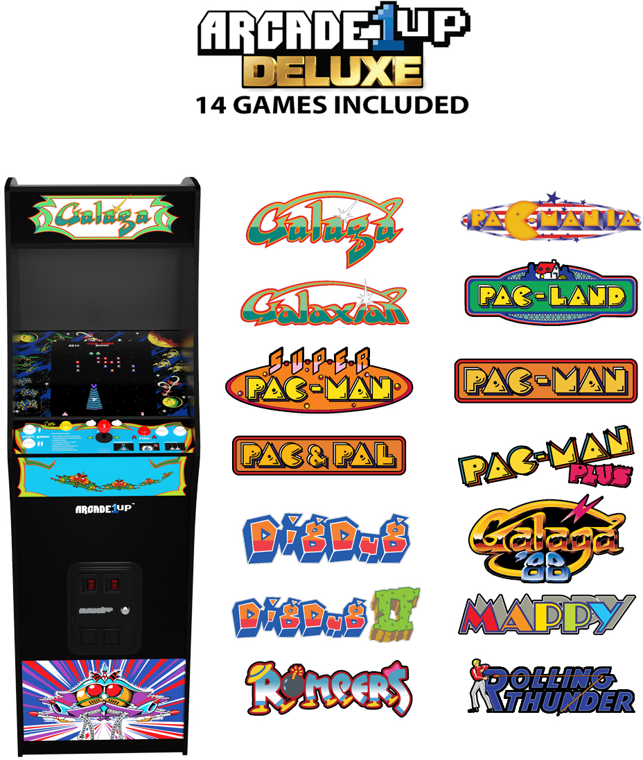 Fekete játékautomata Galaga és Pac-Man játékcímekkel. Tartalmazza az Arcade1Up logót és a Deluxe, 14 játékot.
