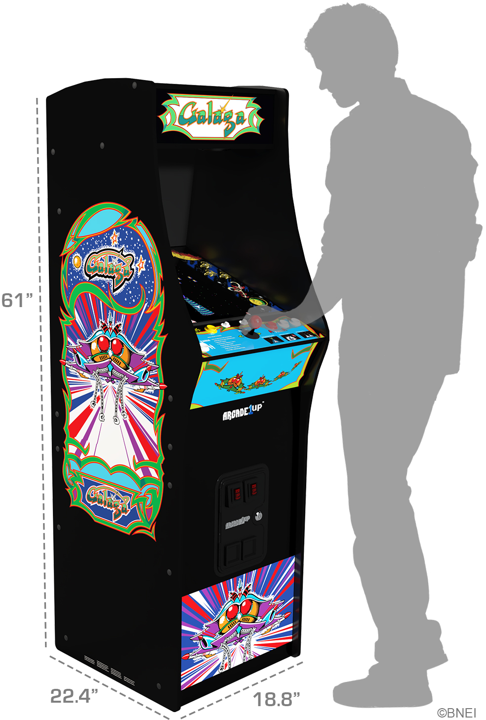 Fekete 'Galaga' logóval ellátott játékautomata. Egy árnyékos személy áll mellette. Méretek: 61" x 22,4" x 18,8".