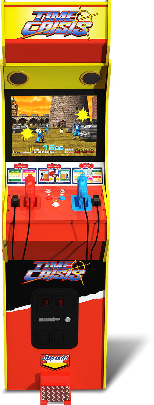 Egy 'Time Crisis' nevű arcade játékautomata. Egy képernyőjén lövöldözős játék látható. Két pisztoly és egy pedál található.