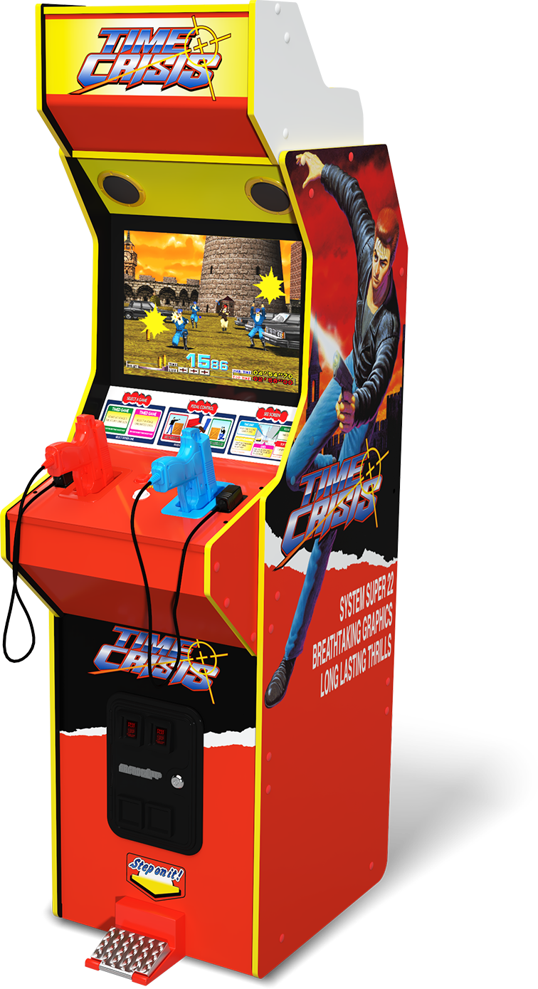 Egy arcade játékgép. Time Crisis témájú, a képernyőn a játék látható. Egy férfi fegyverrel a jobb oldalon.