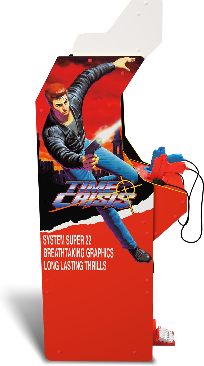 Time Crisis grafikájú arcade gép. Egy bőrdzsekis férfi pisztollyal céloz. Piros és kék fényfegyverek az oldalon.
