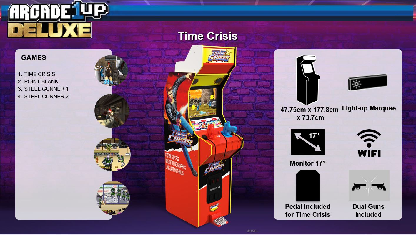 Egy Arcade1Up Deluxe Time Crisis gép. Jellemzői: két pisztoly, 17"-es monitor, pedál és WiFi. Játékok: Time Crisis, Point Blank.