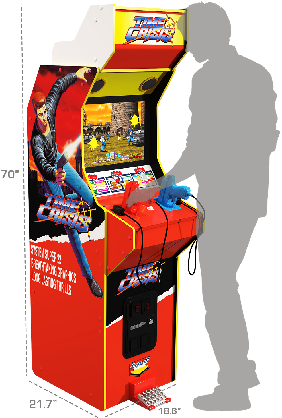 Egy Time Crisis arcade játék. Egy férfi áll a gép mellett. A játék képernyőjén lövöldöző figurák láthatók. A gép piros és sárga.