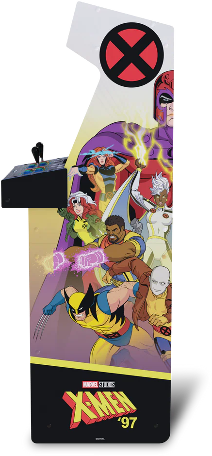 Játékgép oldalsó panelje X-Men karakterekkel. Wolverine, Storm, Küklopsz és Magneto a bemutatott hősök és gonosztevők között.