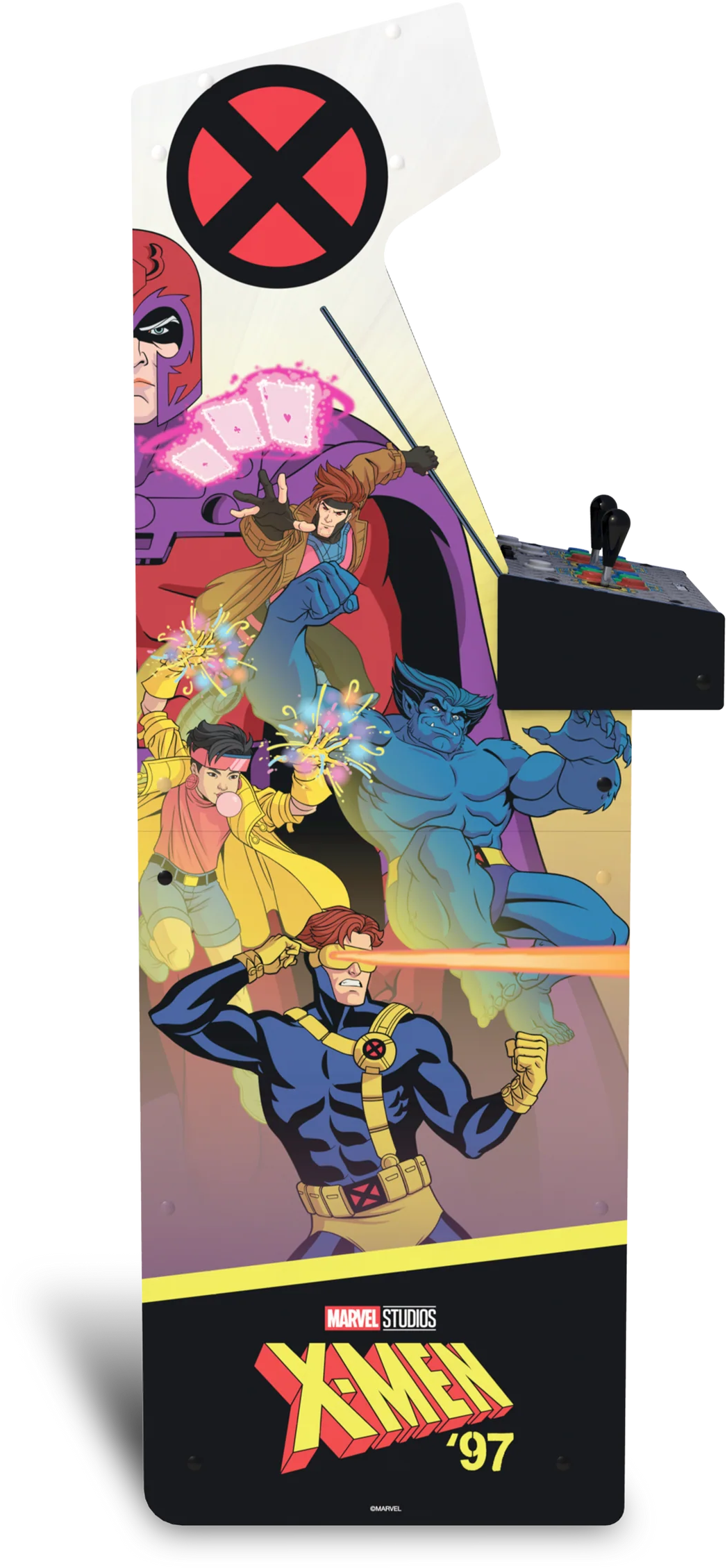 Játékgép-művészet X-Men karakterekkel, X logóval és 'X-Men '97' logóval. A karakterek: Magneto, Gambit, Beast, Cyclops és Jubilee.