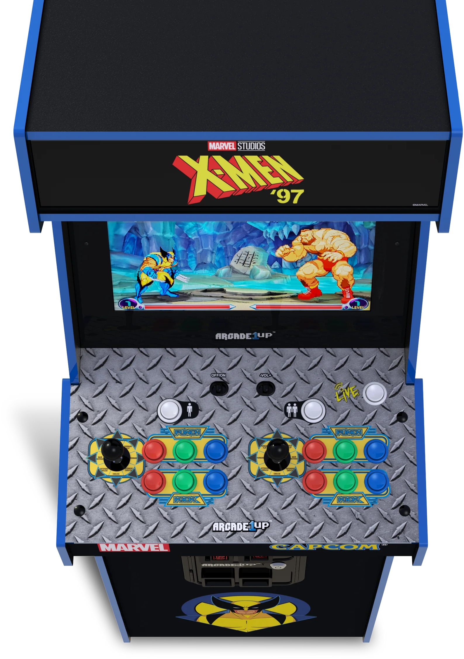 X-Men játékkal ellátott játékautomata. Rozsomák egy nagy, izmos ellenféllel harcol. Kezelőszervek és gombok láthatók.