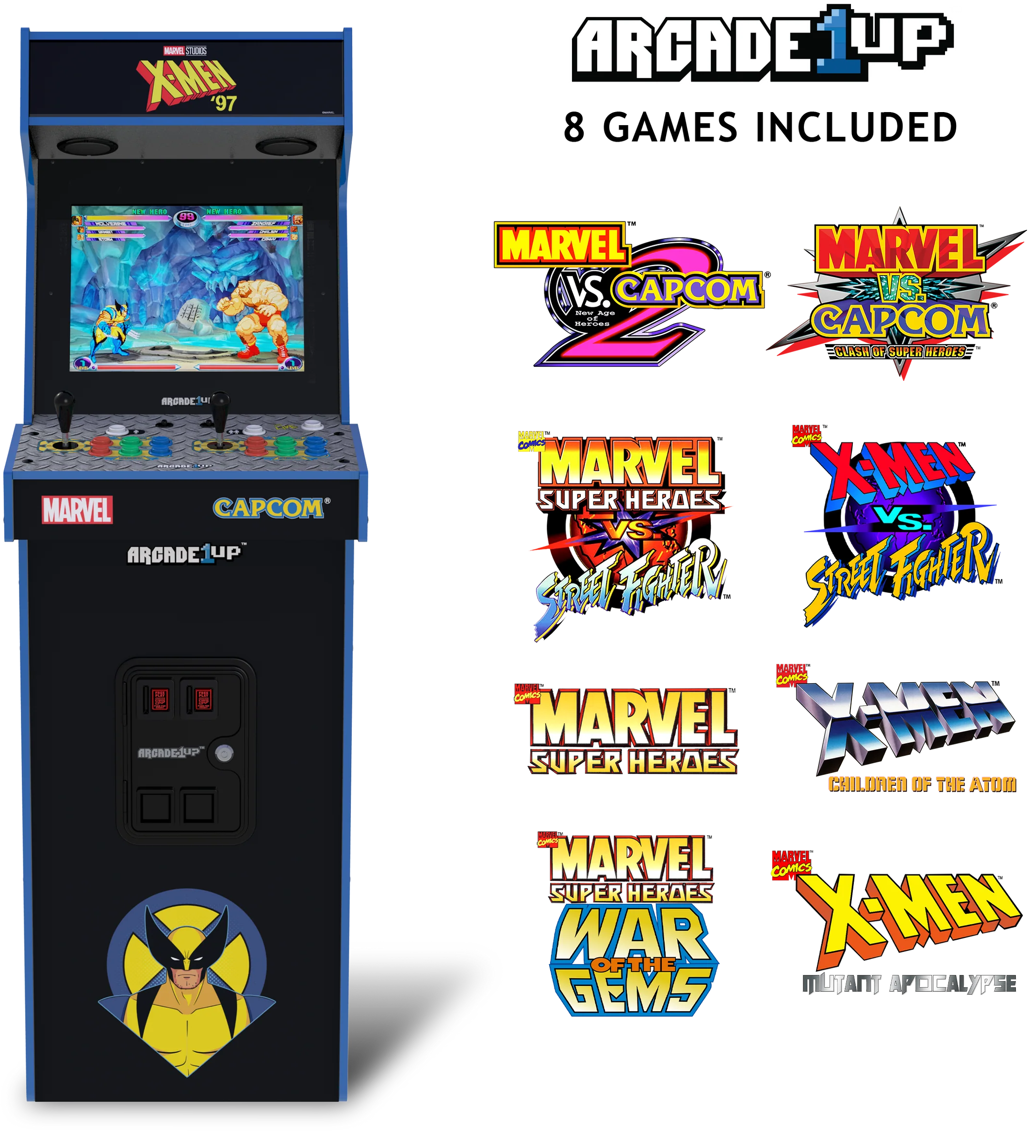 Egy játékautomata, amely egy verekedős játékot jelenít meg. Rozsomák Zangief ellen. Marvel és Capcom logók láthatók.