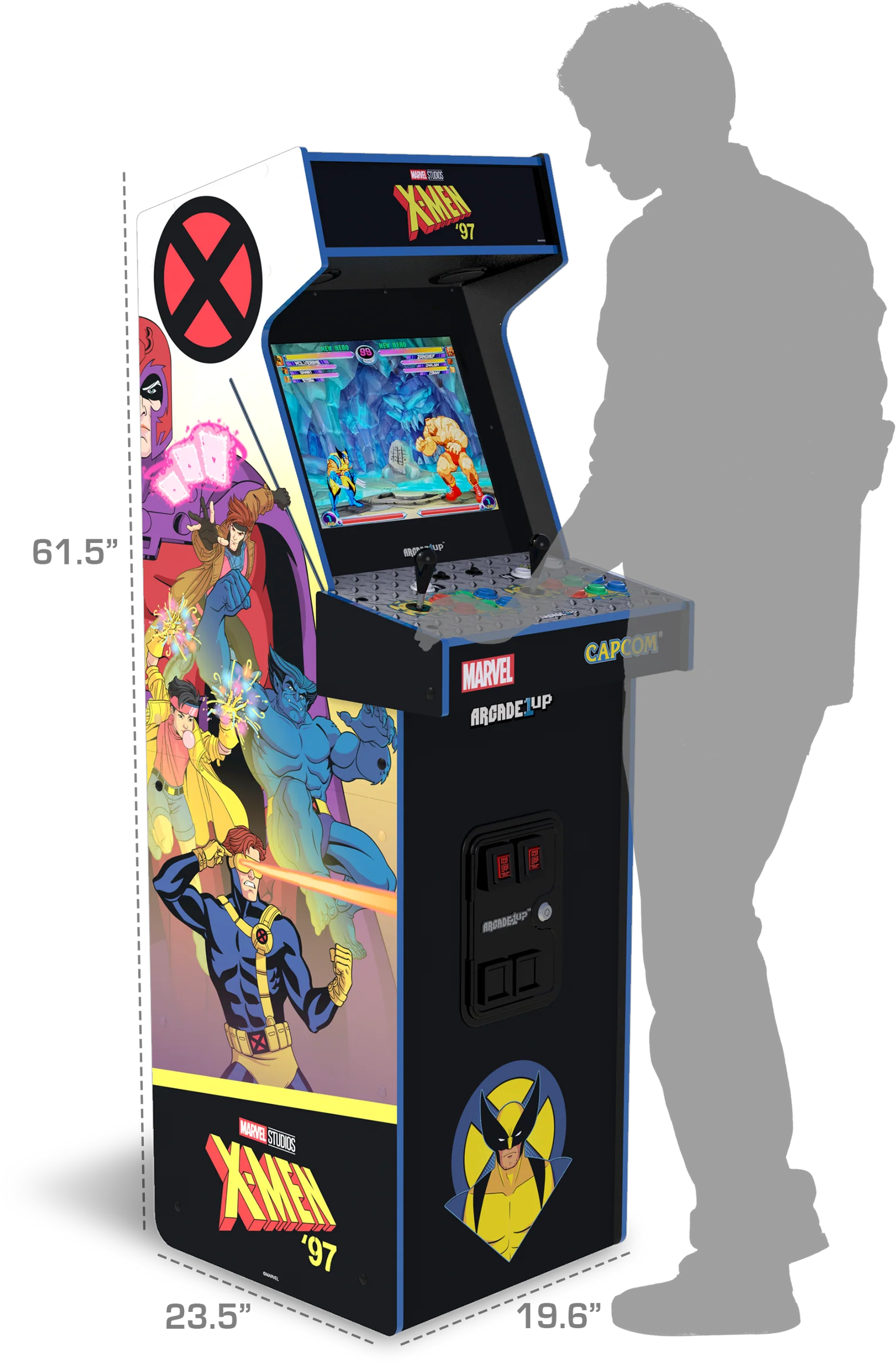 X-Men '97 arcade gép. A grafikán X-Men karakterek, méretek és egy árnyékban lévő személy látható.