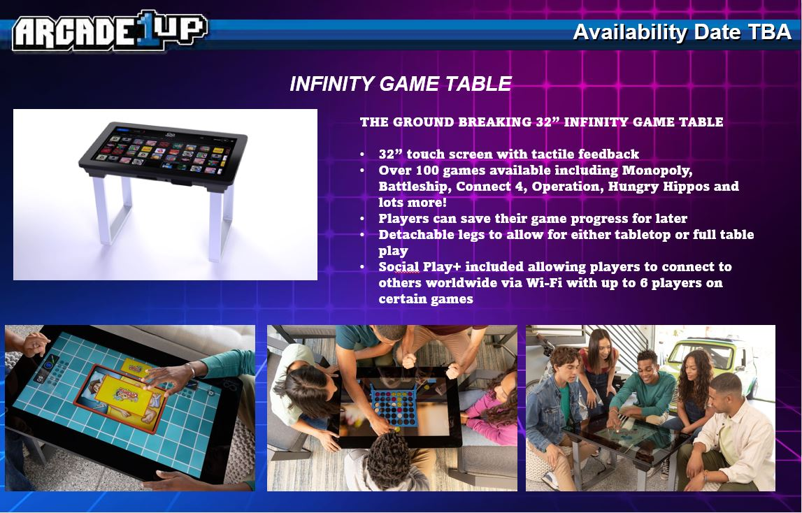 Az Infinity Game Table ki van állítva. 32"-os érintőképernyővel rendelkezik, amelynek funkciói között több mint 100 játék szerepel.