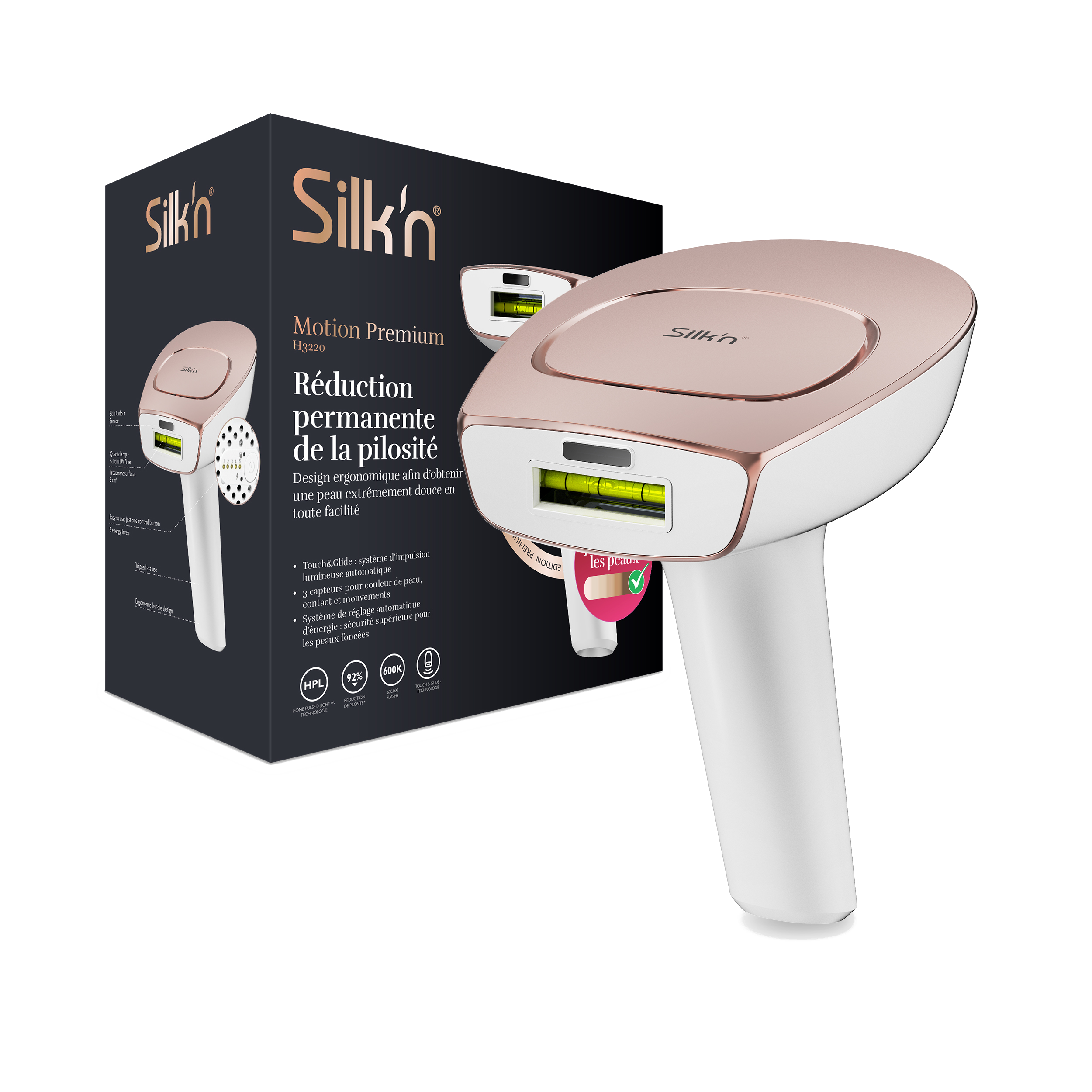 Ein weißes und roségoldenes Haarentfernungsgerät neben seiner Box. Die Box hat Text.