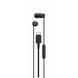 Auriculares internos negros con conector USB-C y mando a distancia en línea, sobre fondo blanco.