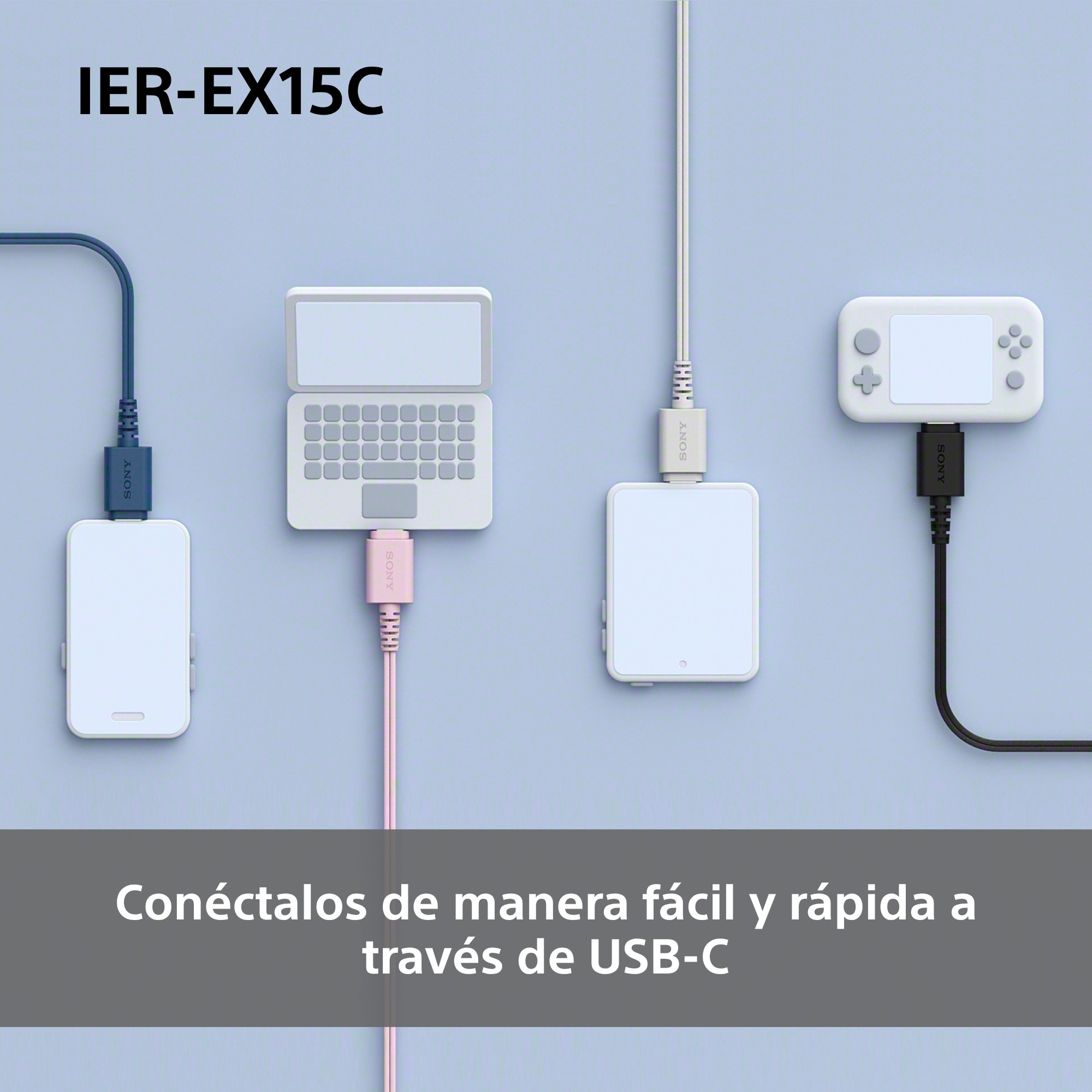 Imagen muestra dispositivos conectados con cables USB-C: portátil, consola portátil y otros dos dispositivos. Texto: Conecta fácil y rápido.
