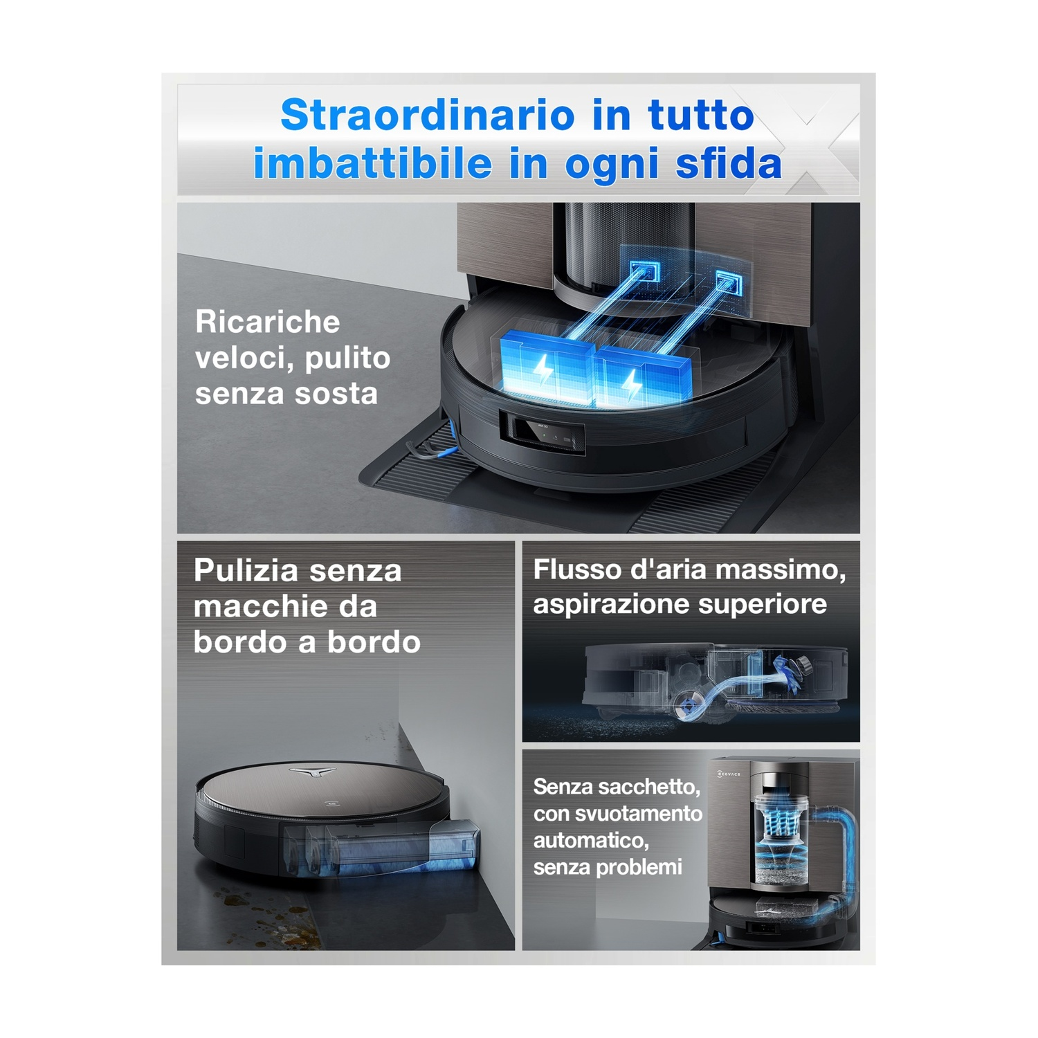 Una pubblicità mostra un aspirapolvere robot con funzionalità. Presenta una stazione di ricarica e capacità di pulizia.