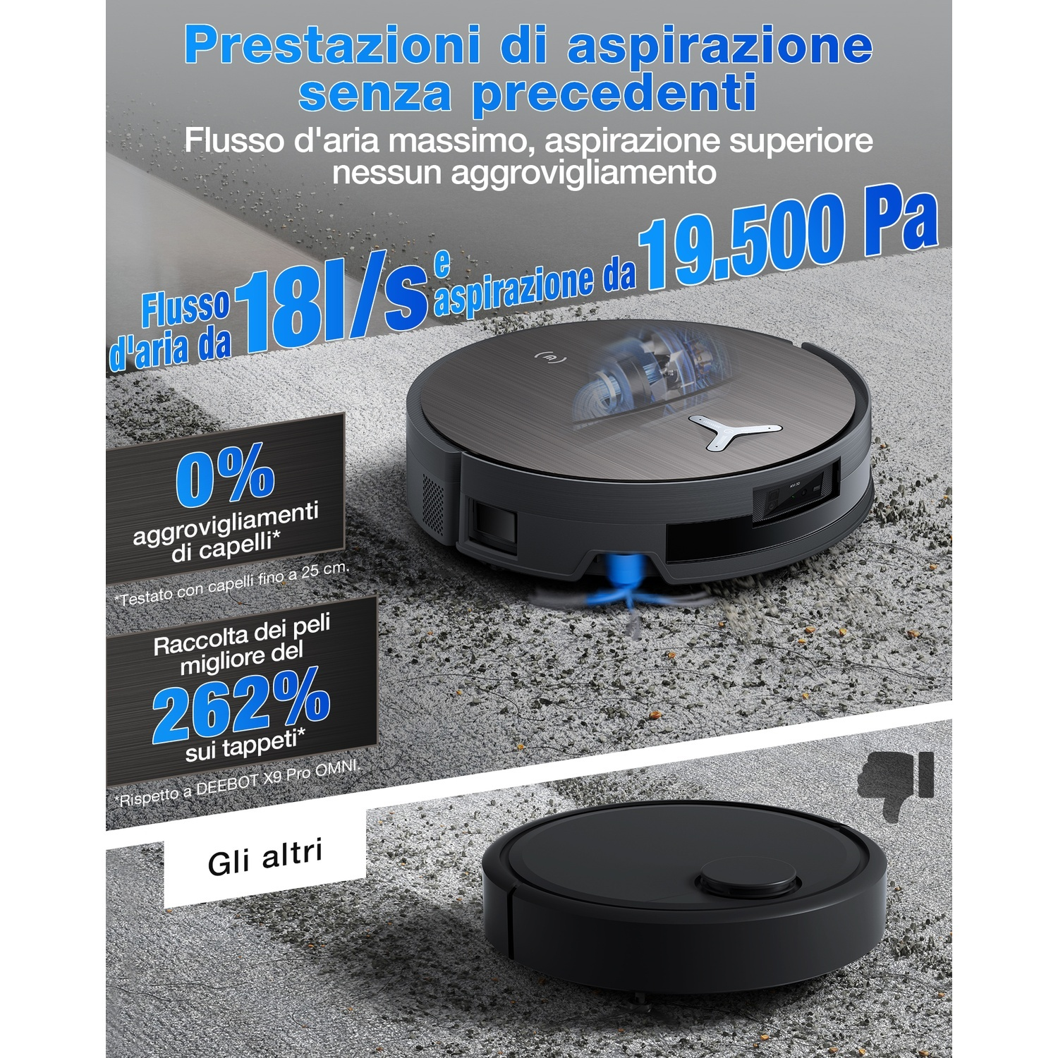 Una pubblicità mostra un aspirapolvere robot nero. Il testo evidenzia la sua potenza di aspirazione, il flusso d'aria e le prestazioni senza grovigli di capelli.