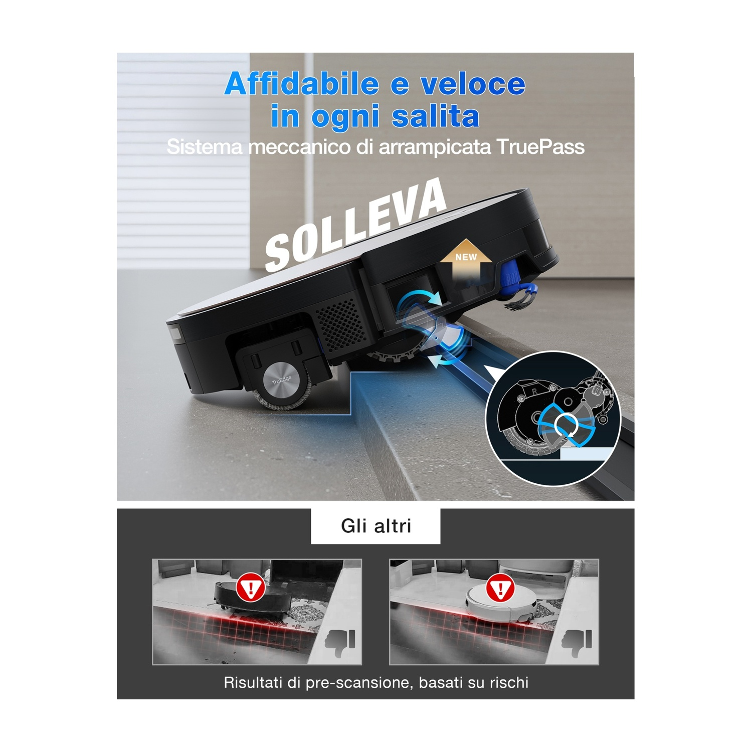 Un robot aspirapolvere che sale un gradino. Il testo recita "Affidabile e veloce" e "SOLLEVA". Sotto, immagini mostrano risultati di pre-scansione.