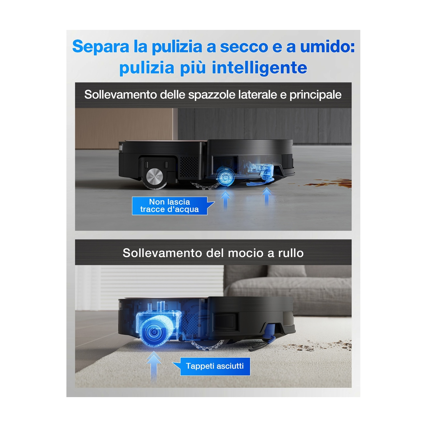 Una pubblicità mostra un robot aspirapolvere. Ha due parti, una sul pavimento, una sul tappeto. Il testo dice 'pulizia intelligente'.
