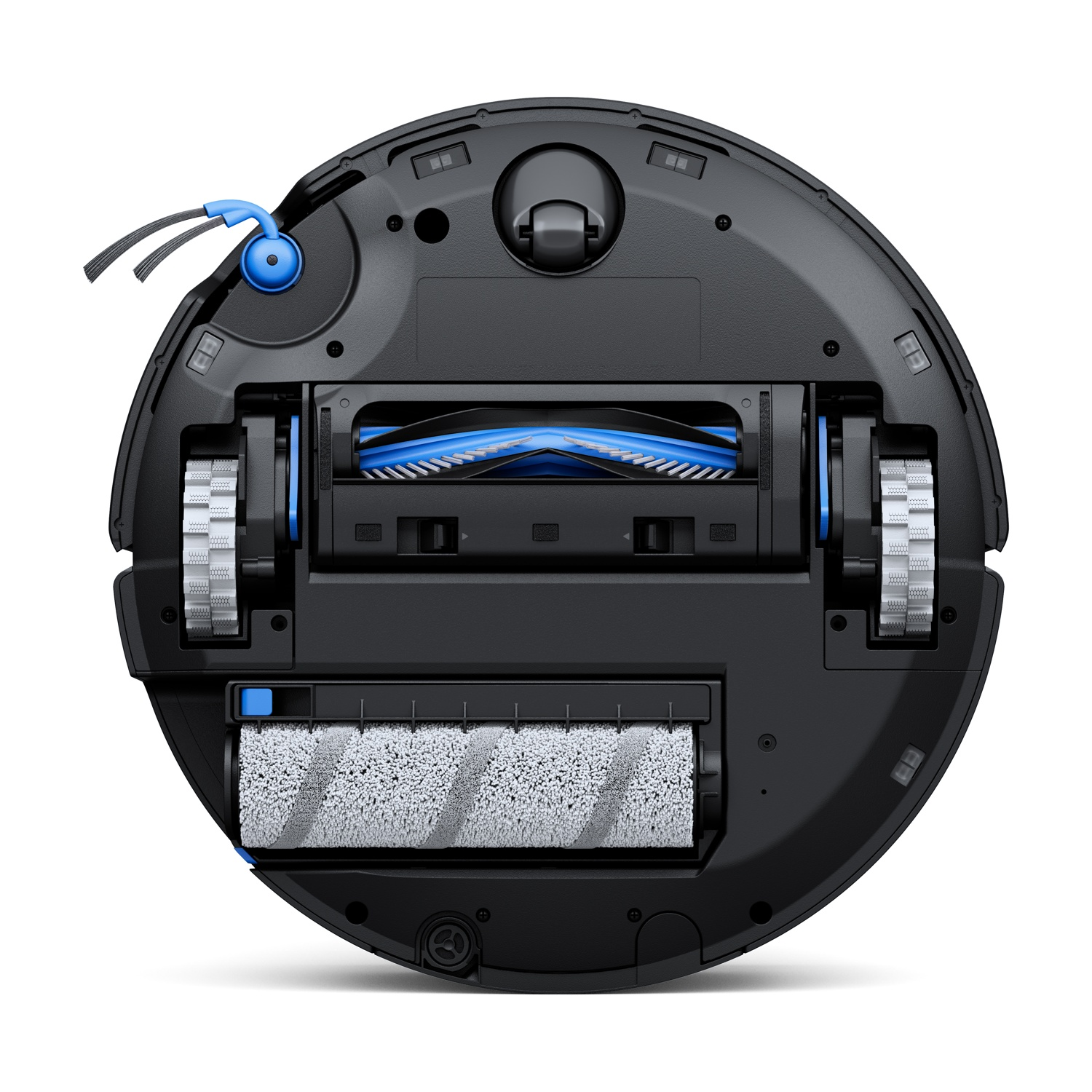 Aspirapolvere robot nero e blu. Ha spazzole, ruote e un rullo di pulizia visibili dal basso.