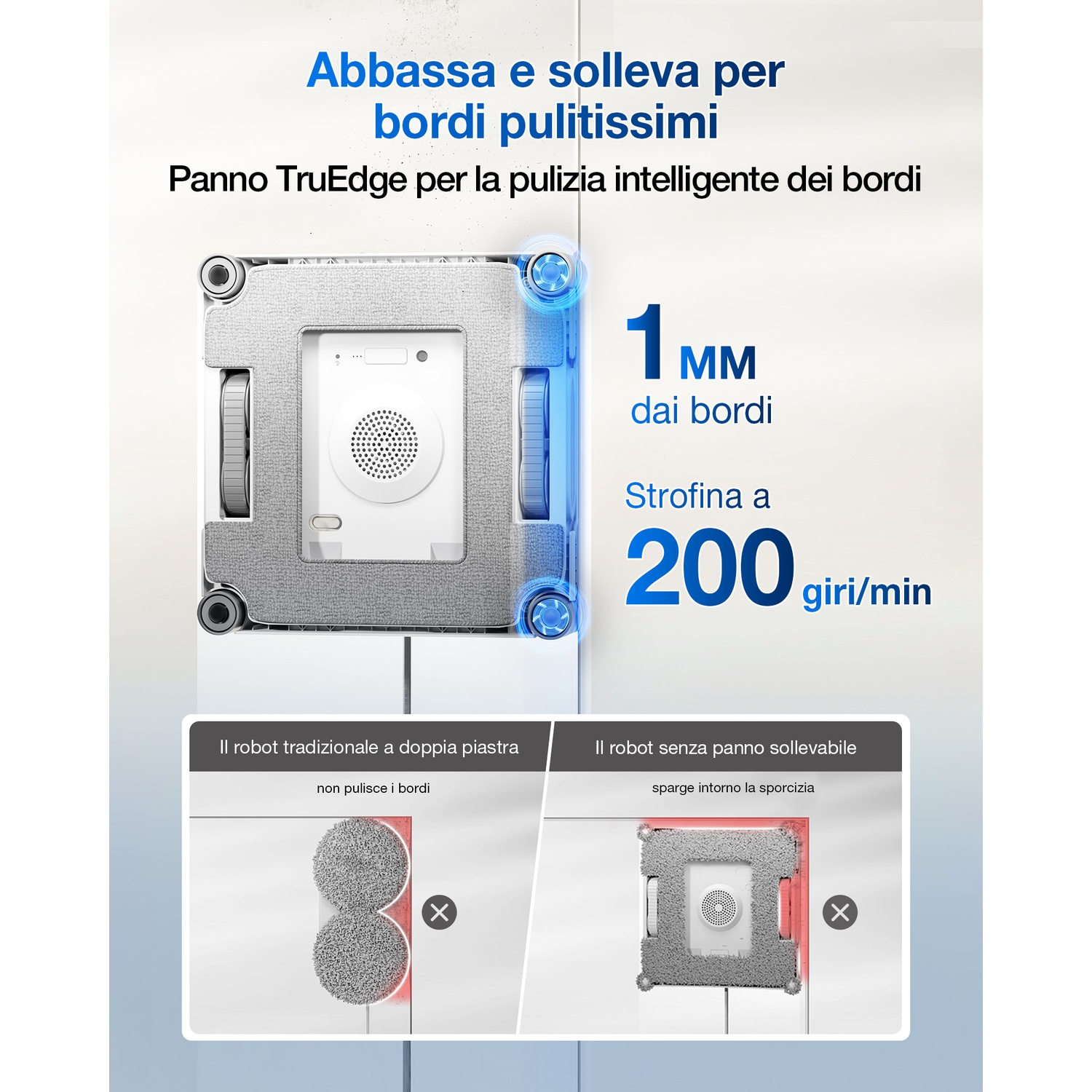 Un robot per la pulizia dei vetri. Ha un corpo bianco con un panno grigio e ruote. Il testo descrive le sue caratteristiche e un confronto.