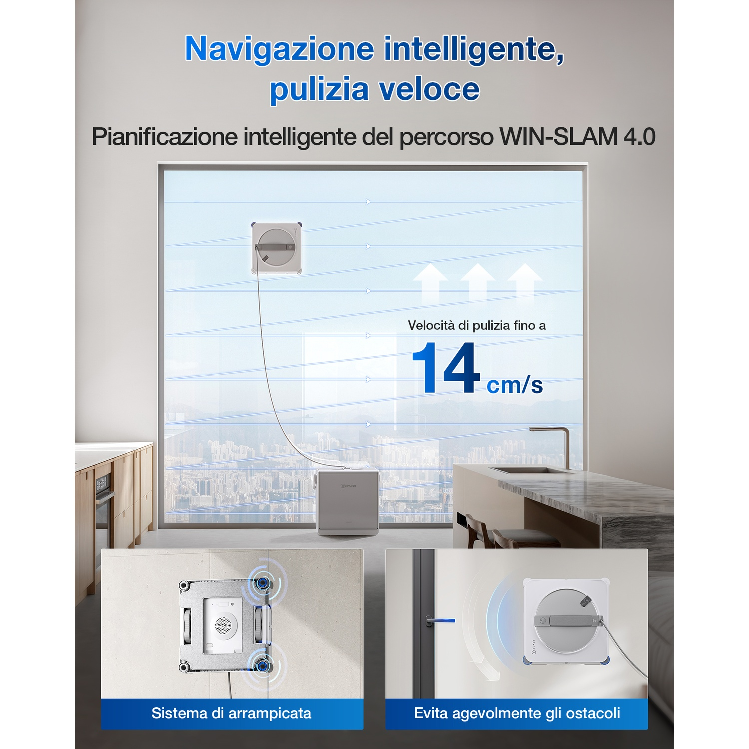Un robot per la pulizia dei vetri pulisce una finestra. Il testo italiano descrive le caratteristiche: navigazione intelligente, pulizia veloce ed evita gli ostacoli.