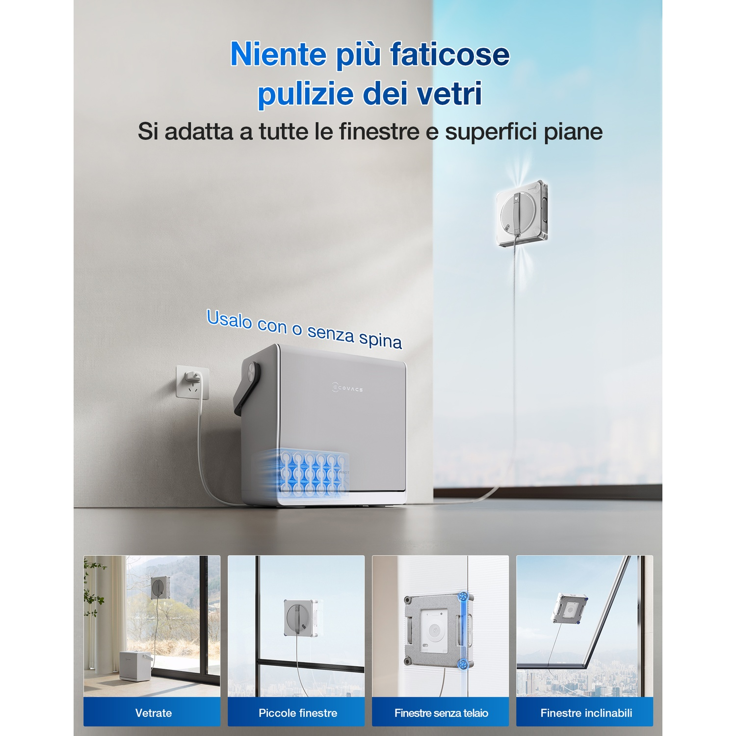 Un'immagine mostra un robot lavavetri che pulisce un vetro. Ha una scatola grigia ed è collegato all'alimentazione.