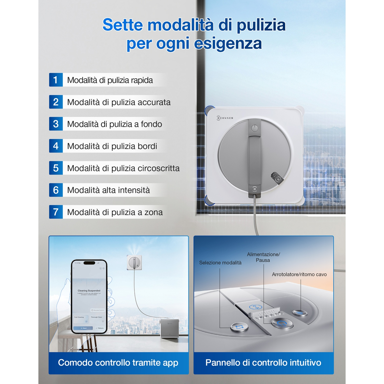 Una pubblicità mostra un pulitore per vetri con sette modalità di pulizia, controllo tramite app e pannello comandi intuitivo. Si vede una città attraverso la finestra.