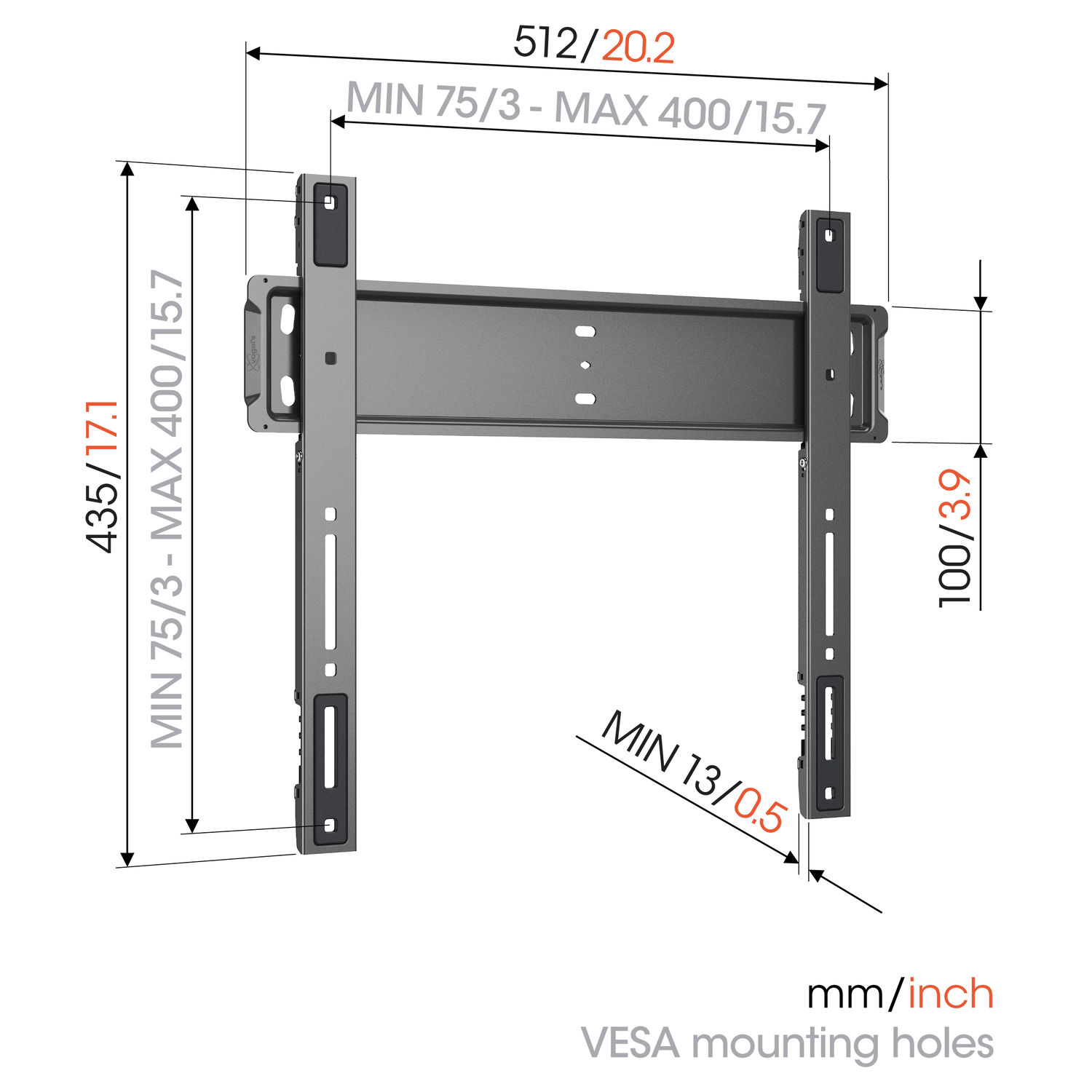 Een grijze tv-beugel met afmetingen in mm/inch. Het heeft verticale en horizontale componenten met gemarkeerde afmetingen.