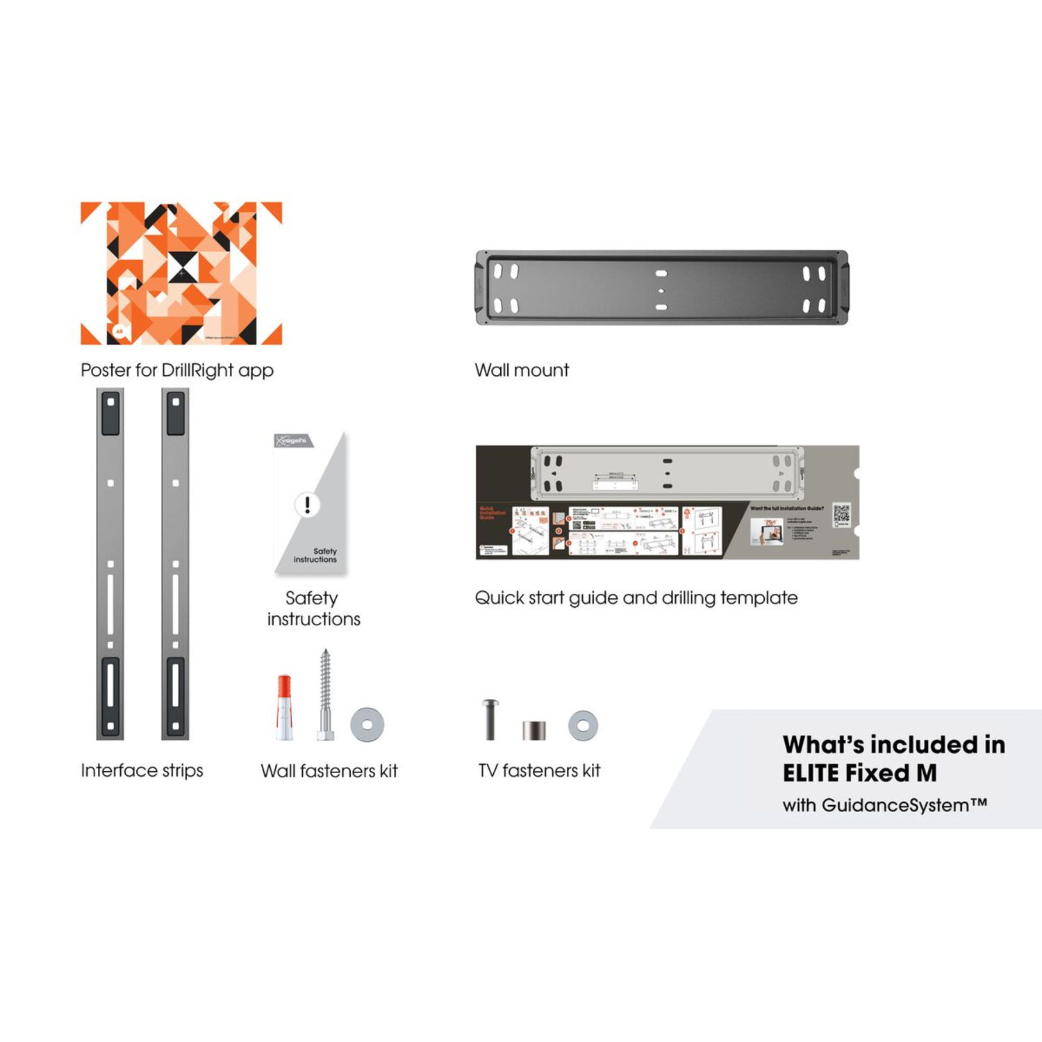 Afbeelding toont tv-bevestigingscomponenten: poster, muurbeugel, interfacestrips, bevestigingsmiddelen, snelstartgids. Tekst luidt: Wat is inbegrepen in ELITE Fixed M.