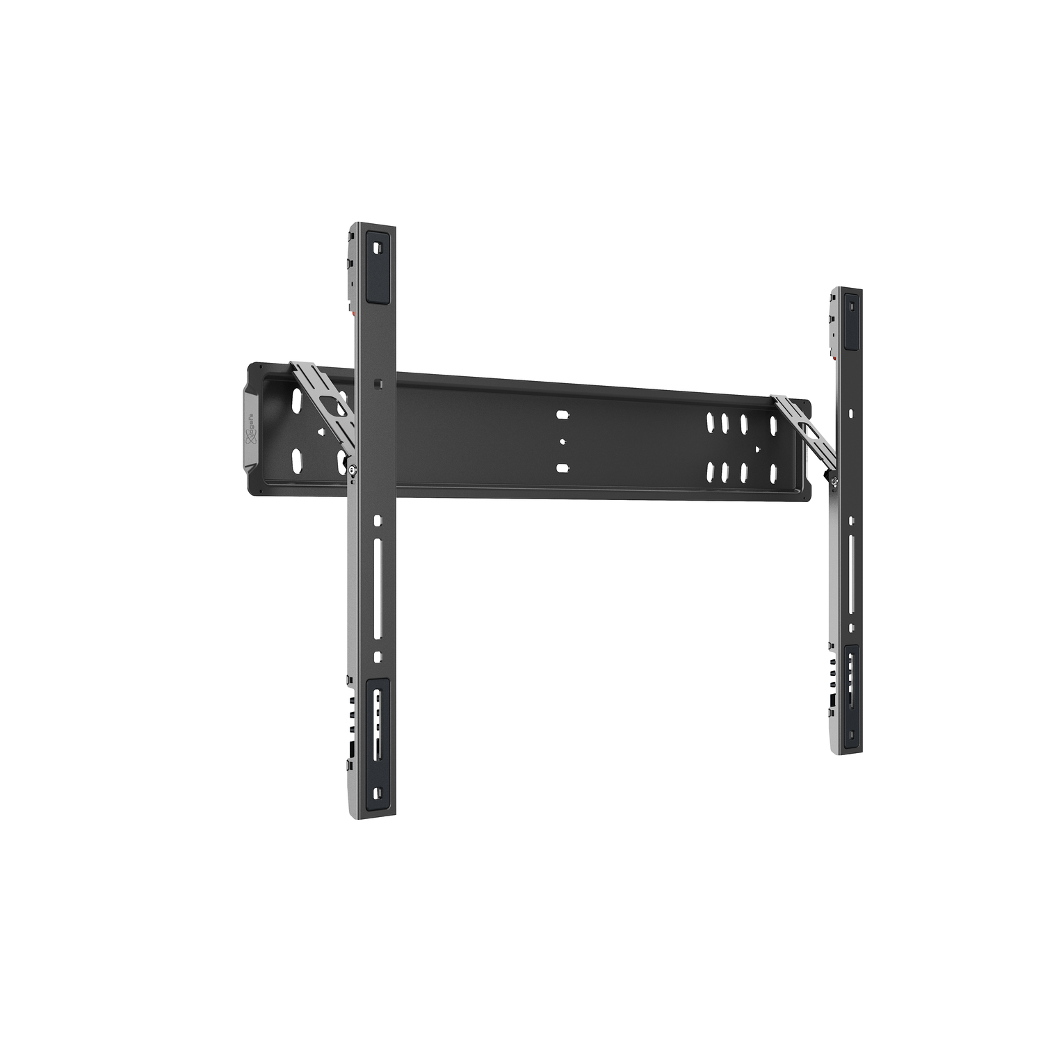 Een zwarte metalen tv-muurbeugel, met twee verticale steunen en een horizontale plaat, tegen een witte achtergrond.