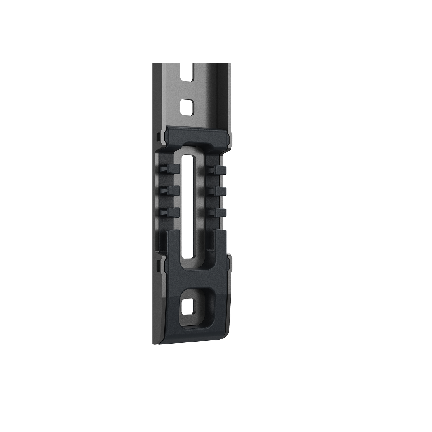 Een zwarte en grijze plastic clip. De clip heeft een complexe vorm met meerdere openingen en richels, tegen een witte achtergrond.