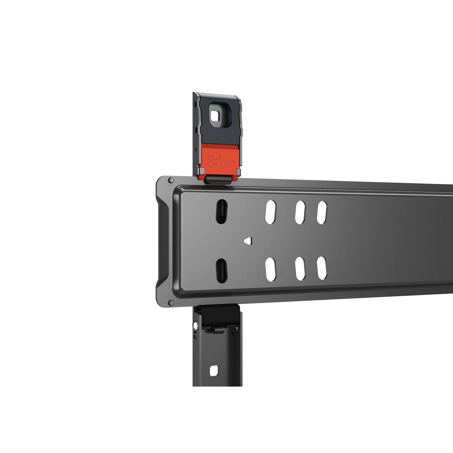 Een zwarte metalen beugel met verschillende gaten en een zwart-rood vergrendelingsmechanisme, tegen een witte achtergrond.