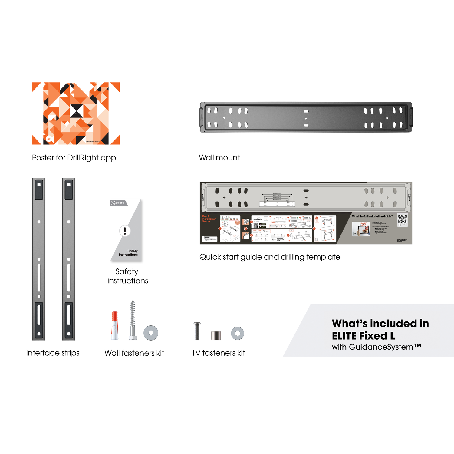 Afbeelding toont componenten van een ELITE Fixed L TV-beugel: poster, muurbeugel, interface strips, bevestigingsmiddelen en een snelstartgids.