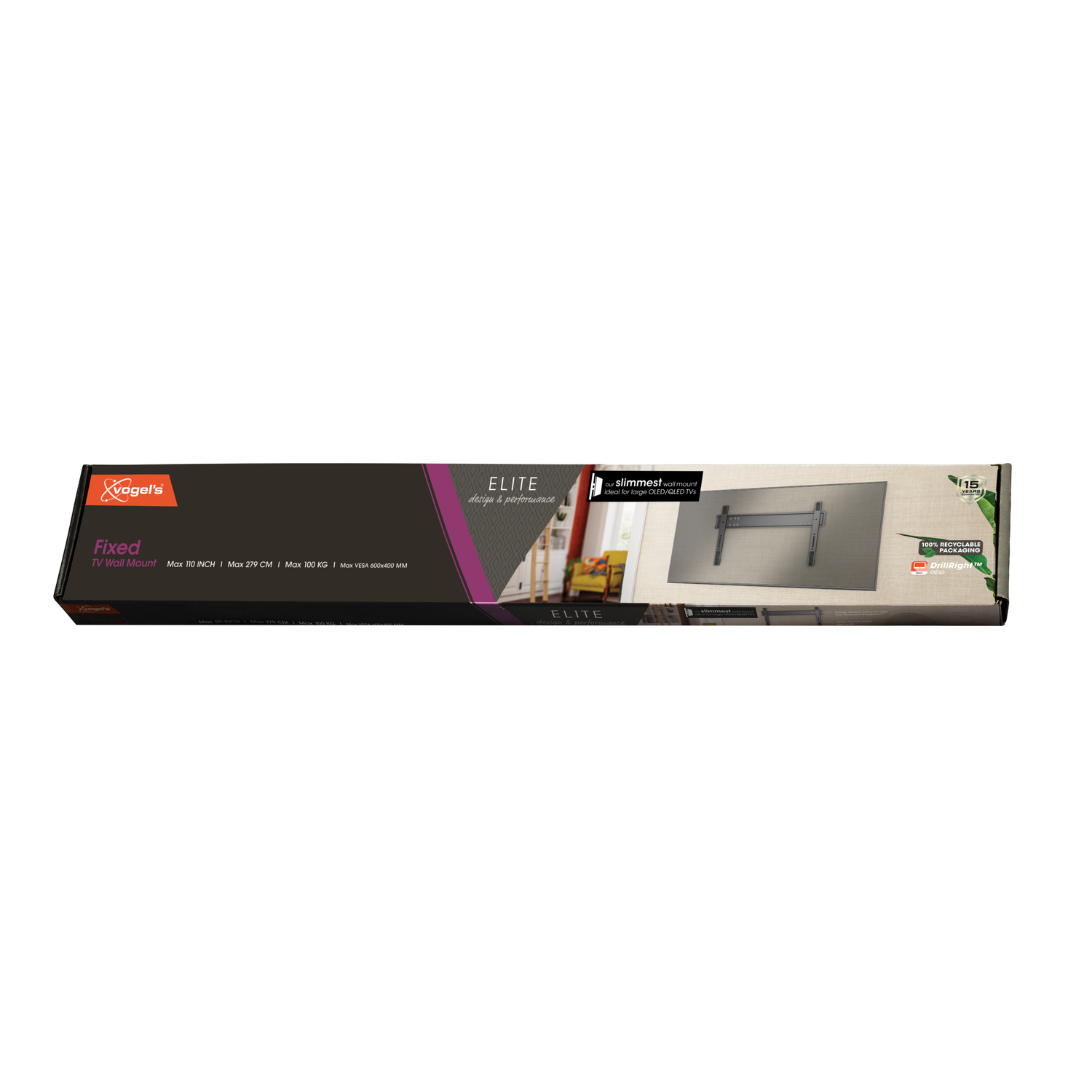 Een Vogel's TV-muurbeugeldoos. Er staat 'Fixed' op, de maximale grootte en het 'ELITE'-ontwerp. Er staat ook '100% recyclebare verpakking'.