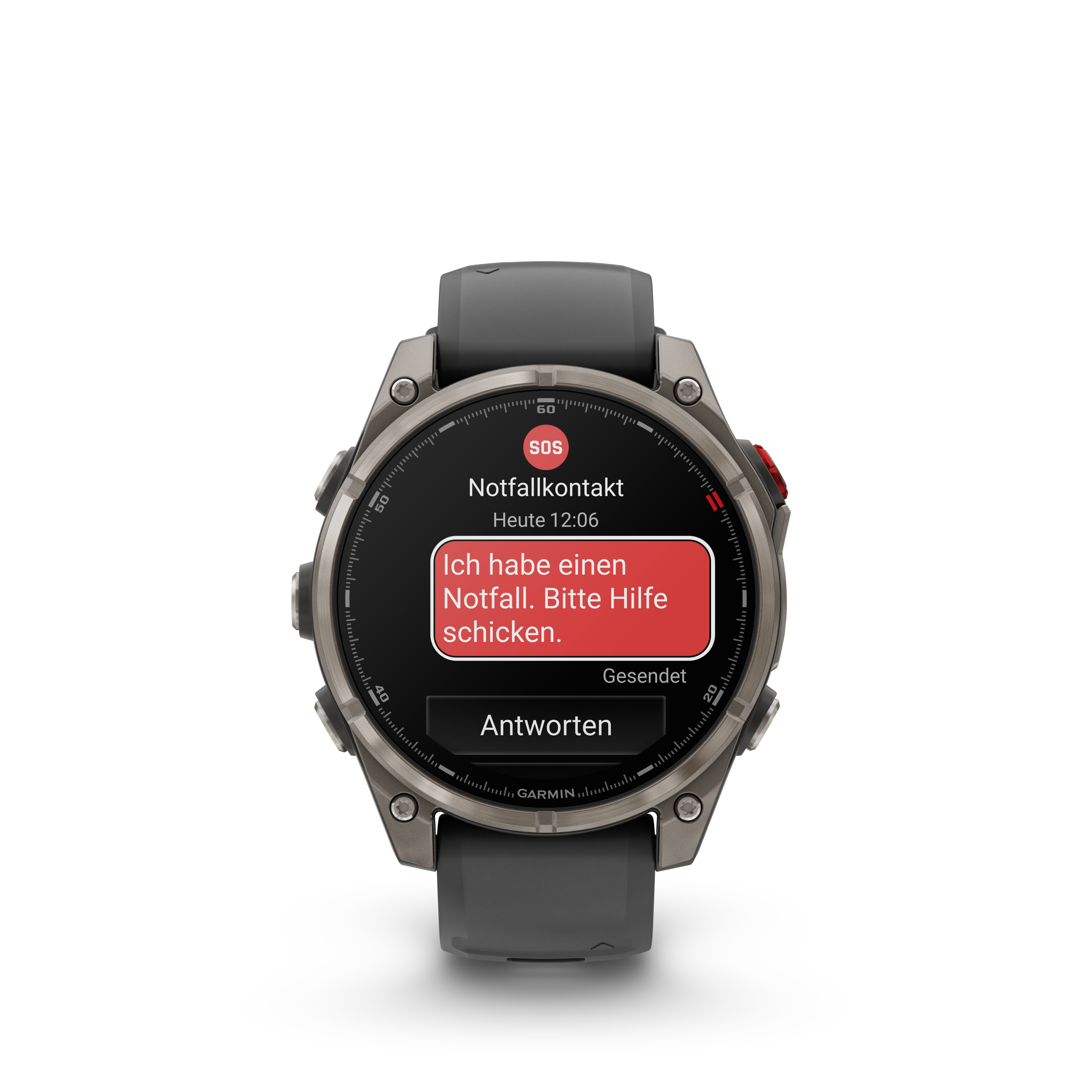 Eine Garmin-Uhr zeigt eine SOS-Notfallmeldung: 'Ich habe einen Notfall. Bitte Hilfe schicken.' Die Uhr ist grau mit schwarzem Armband.