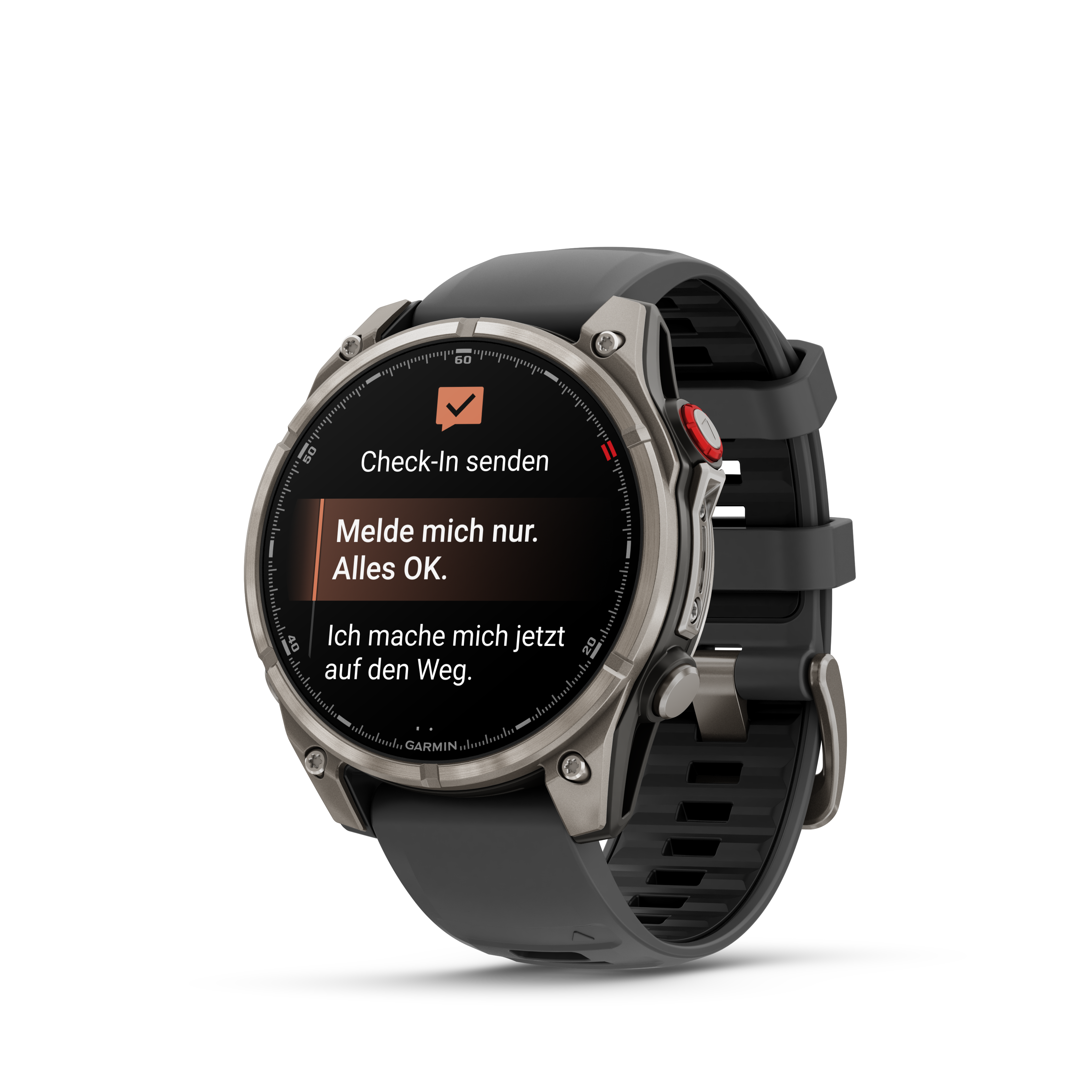 Eine Garmin-Smartwatch mit schwarzem Armband zeigt eine Check-in-Nachricht auf schwarzem Hintergrund.