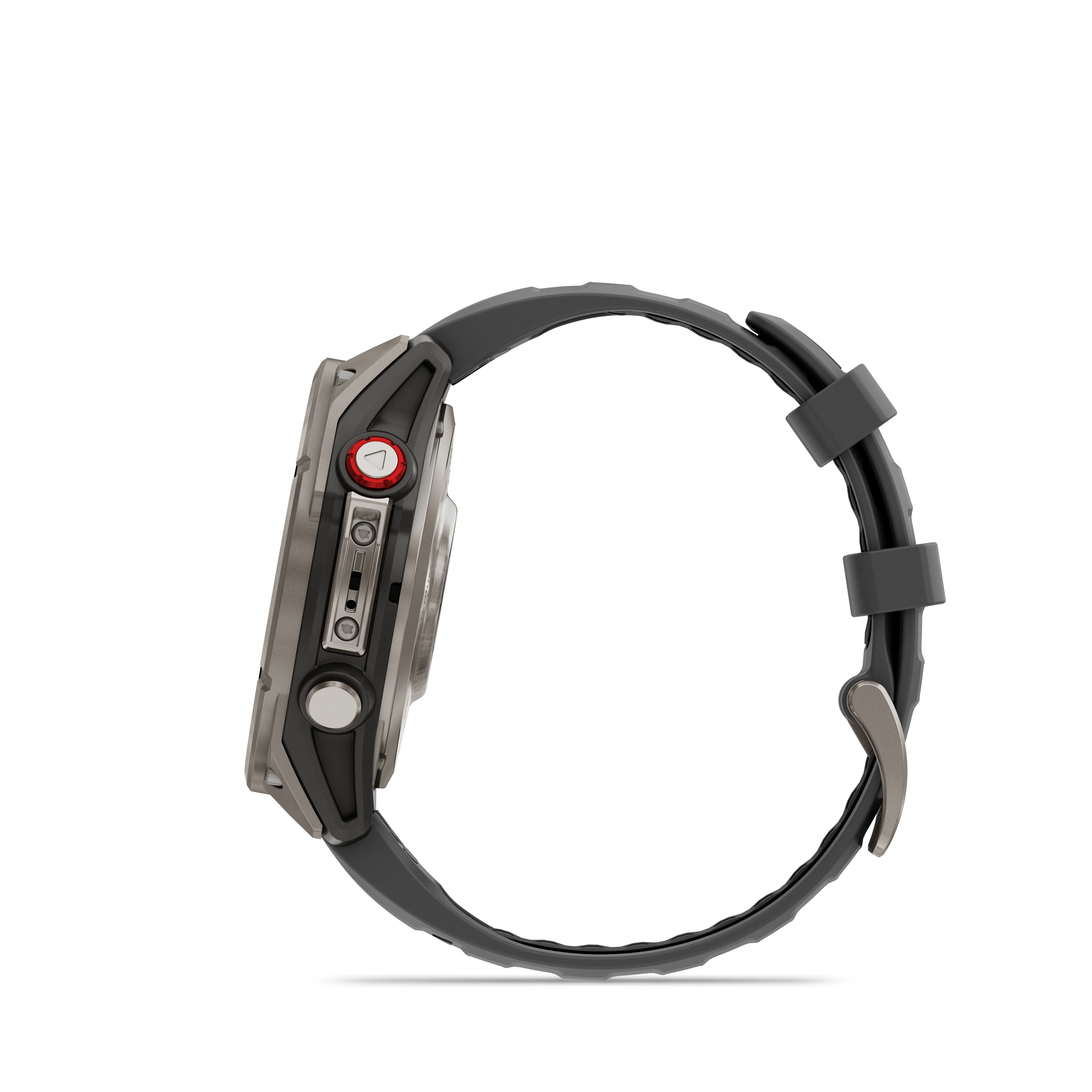Seitenansicht einer Smartwatch. Sie hat eine graue Lünette, ein schwarzes Armband und einen roten Knopf. Der Hintergrund ist schwarz.