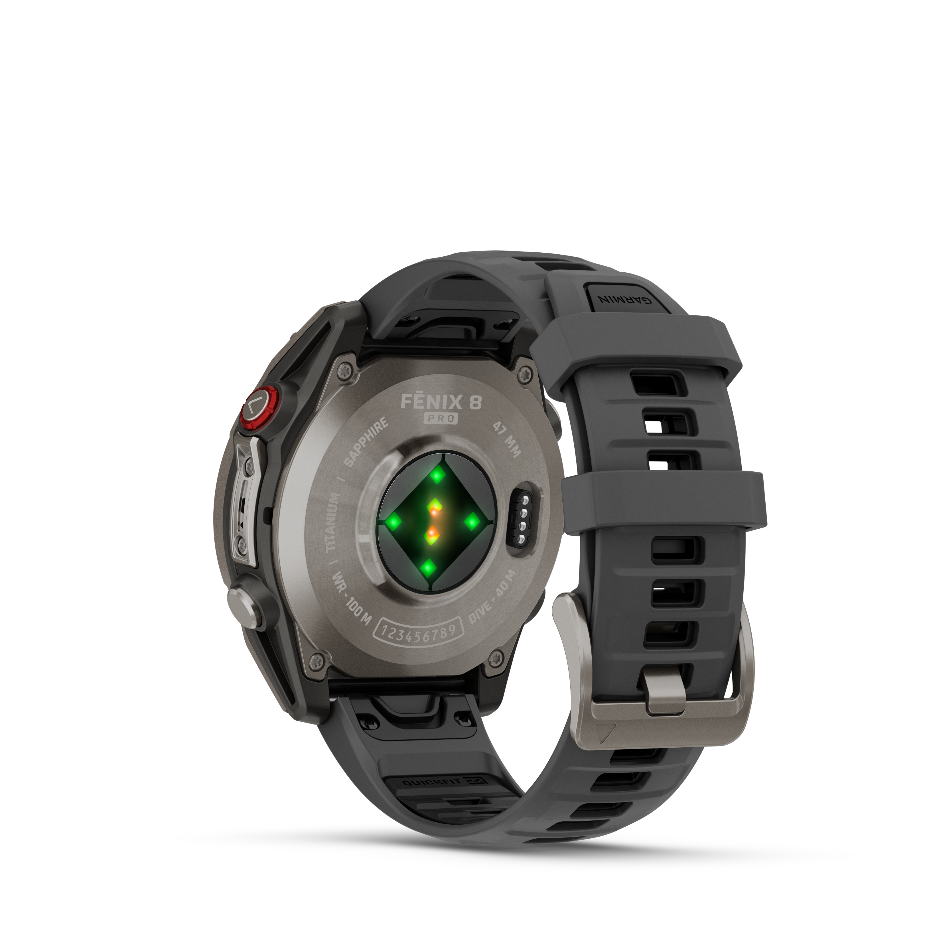 Eine Garmin Fenix 8 Pro Uhr. Graue Uhr mit schwarzem Armband, rotem Knopf und grünen Sensorlichtern auf schwarzem Grund.