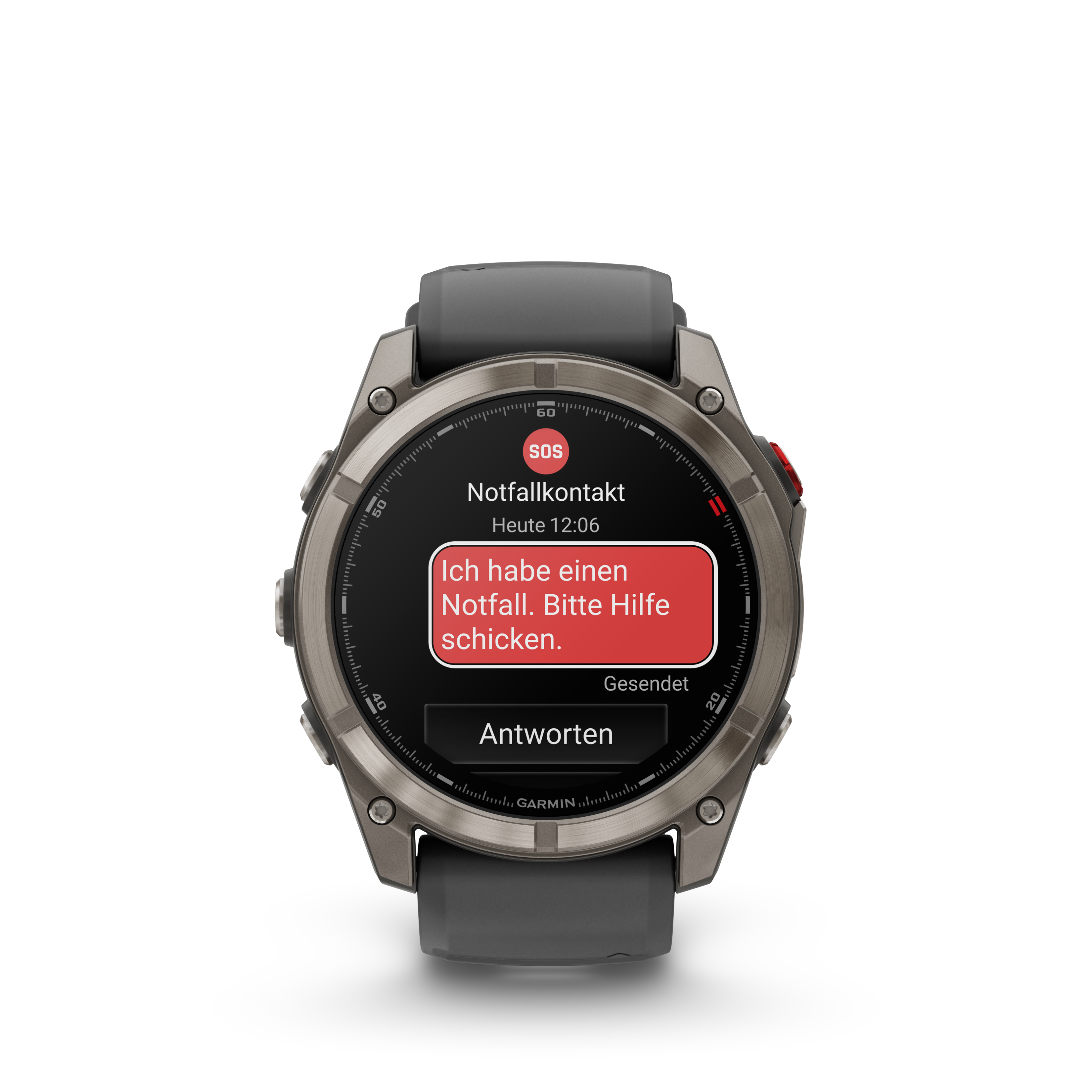 Eine Garmin-Smartwatch zeigt eine SOS-Nachricht: "Ich habe einen Notfall. Bitte schicken Sie Hilfe."