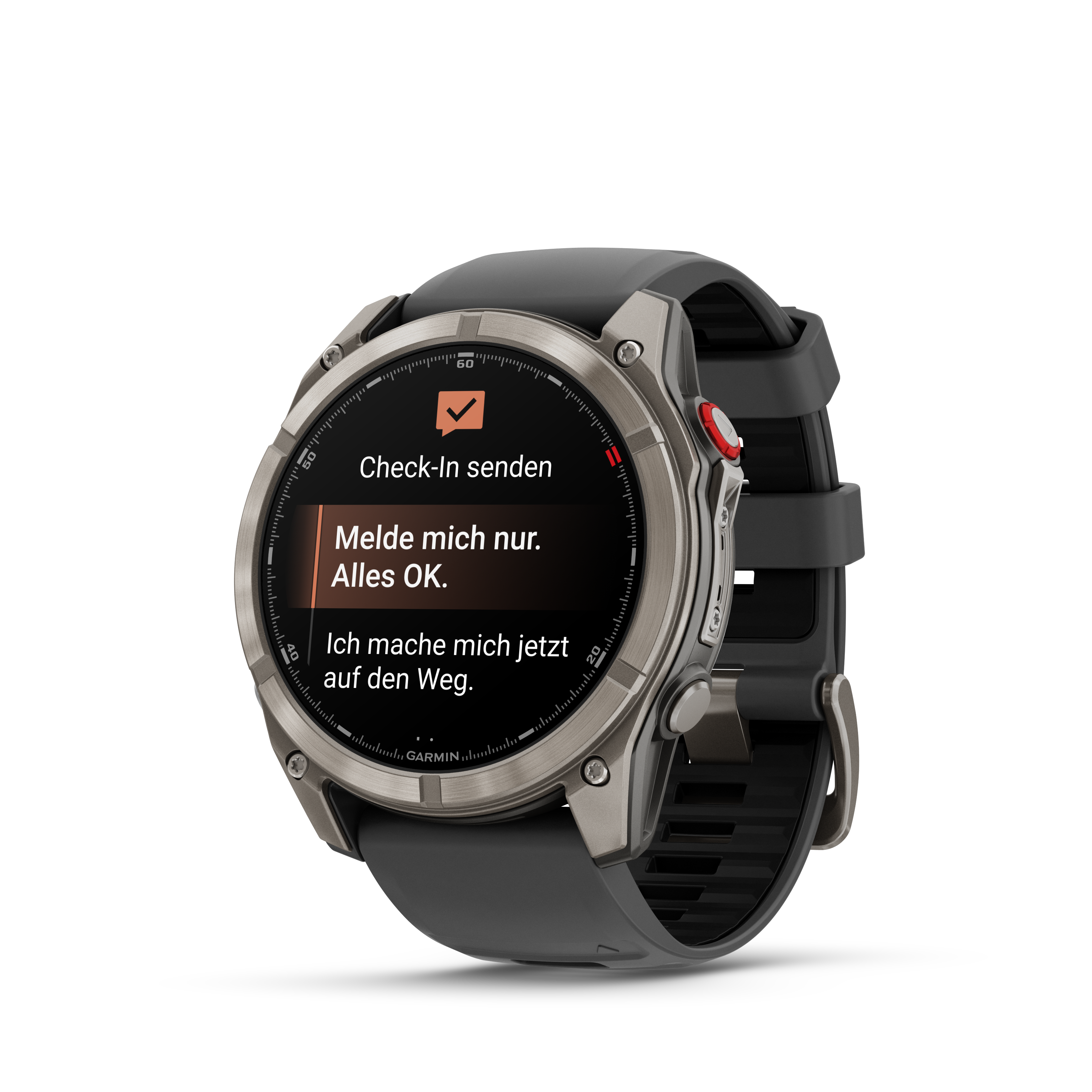 Eine Garmin-Smartwatch mit Check-in-Nachricht auf dem Bildschirm, schwarzem Armband und Metallgehäuse, isoliert.