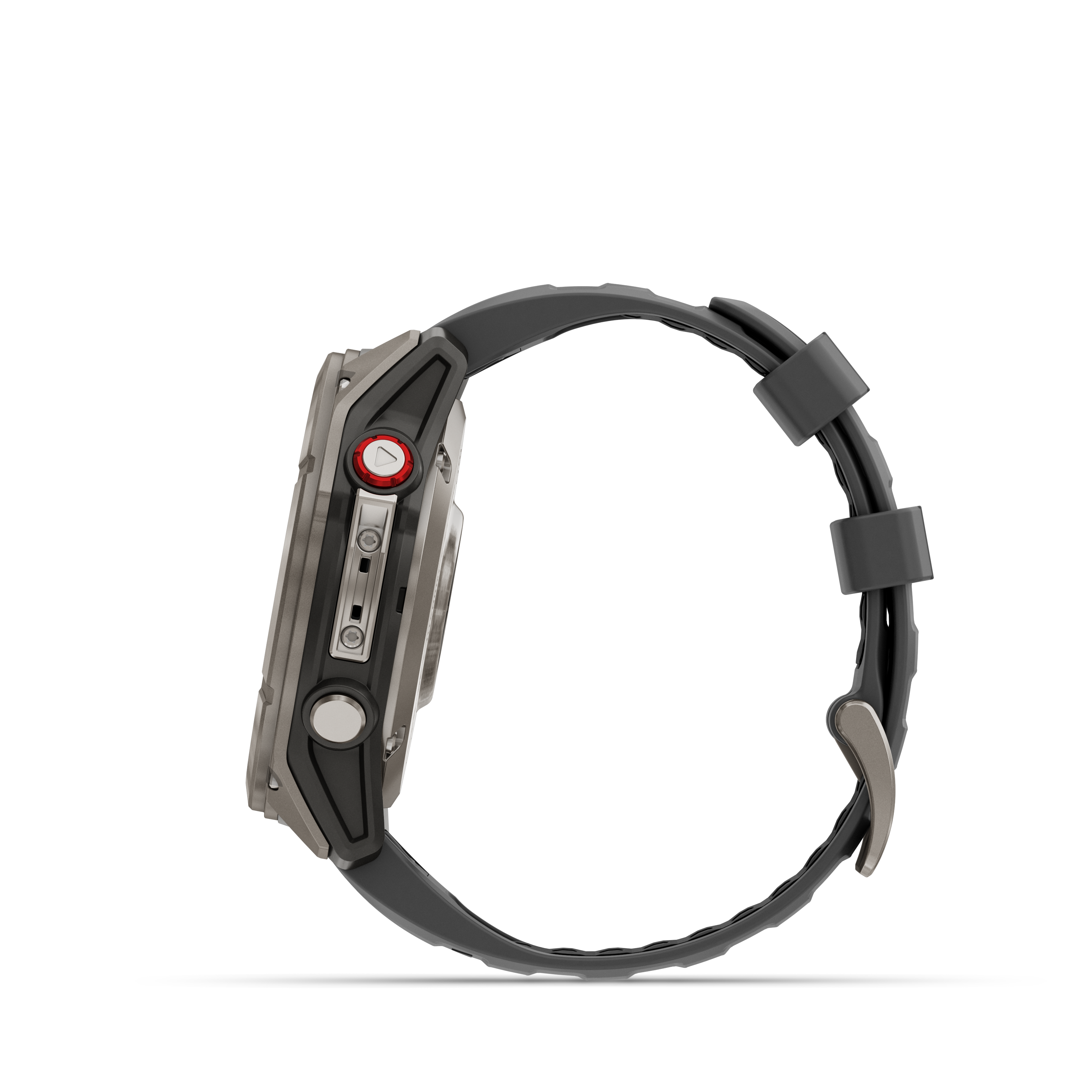Seitenansicht einer Smartwatch mit schwarzem Armband und metallgrauem Gehäuse. Die Uhr hat einen roten Knopf.