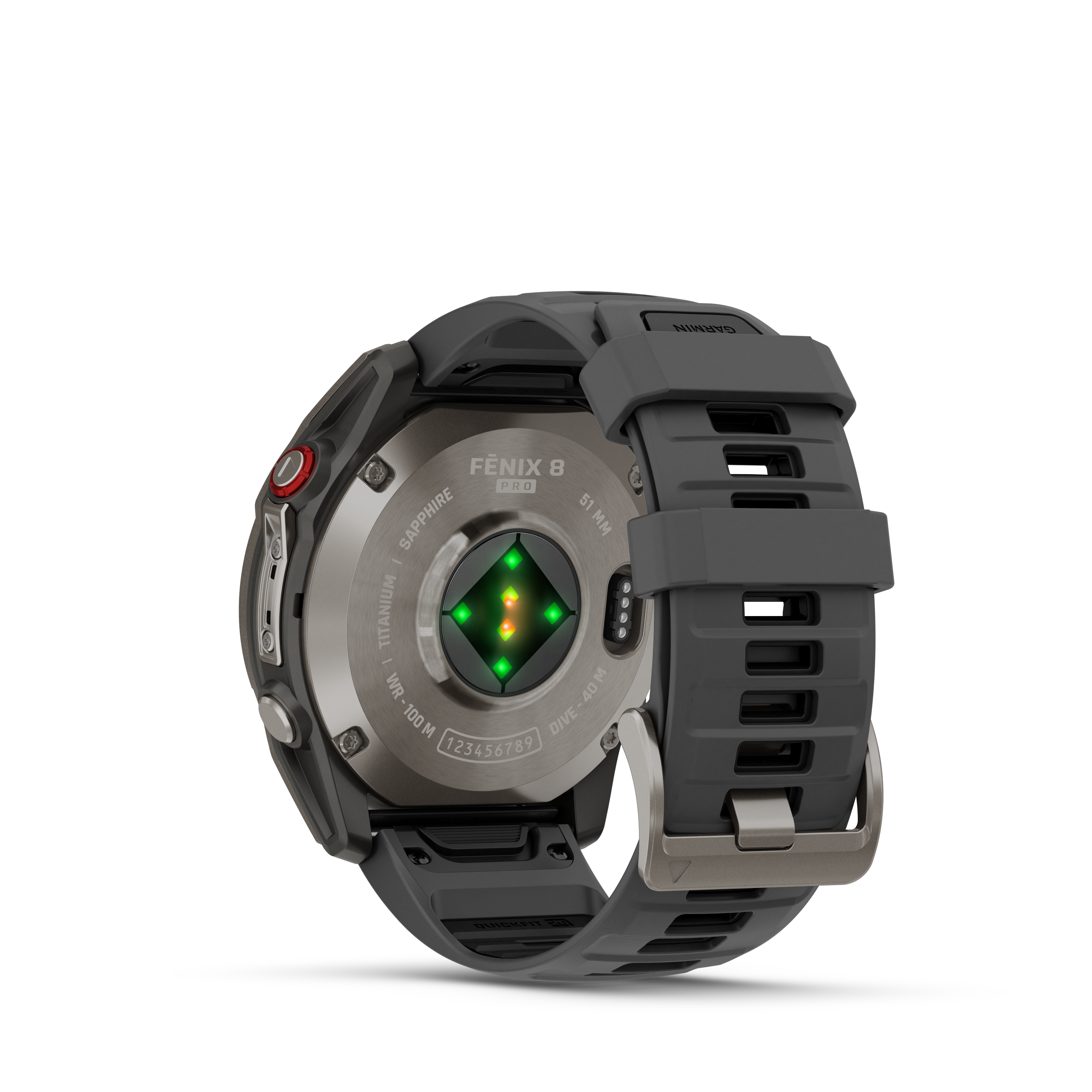 Nahaufnahme einer Garmin Fenix 8 Pro Uhr. Die Uhr ist grau, mit schwarzem Hintergrund. Grüne Lichter sind sichtbar.
