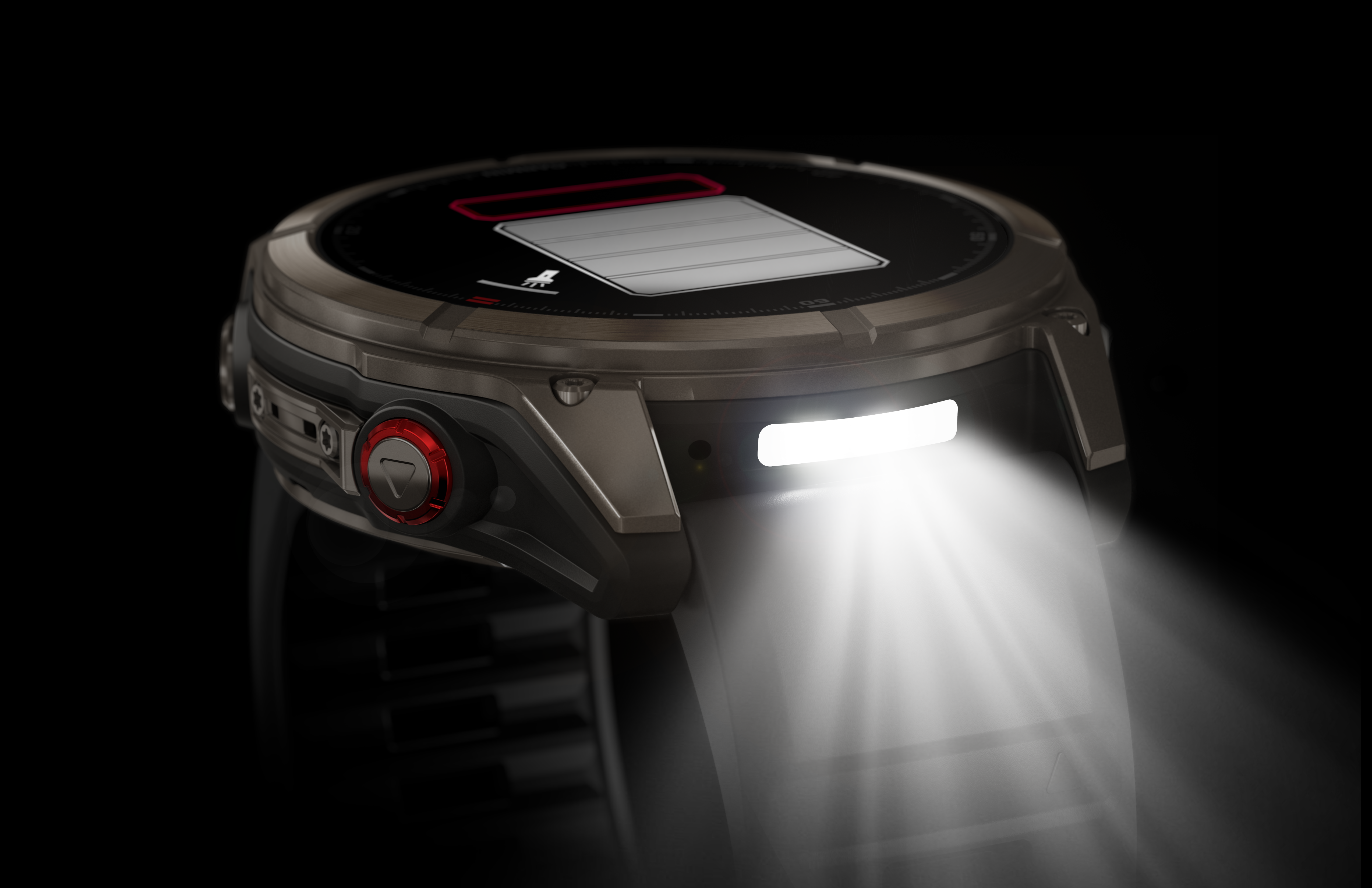 Nahaufnahme einer Smartwatch mit Bildschirm, Lichtstrahl und Knöpfen. Der Akku ist fast leer.