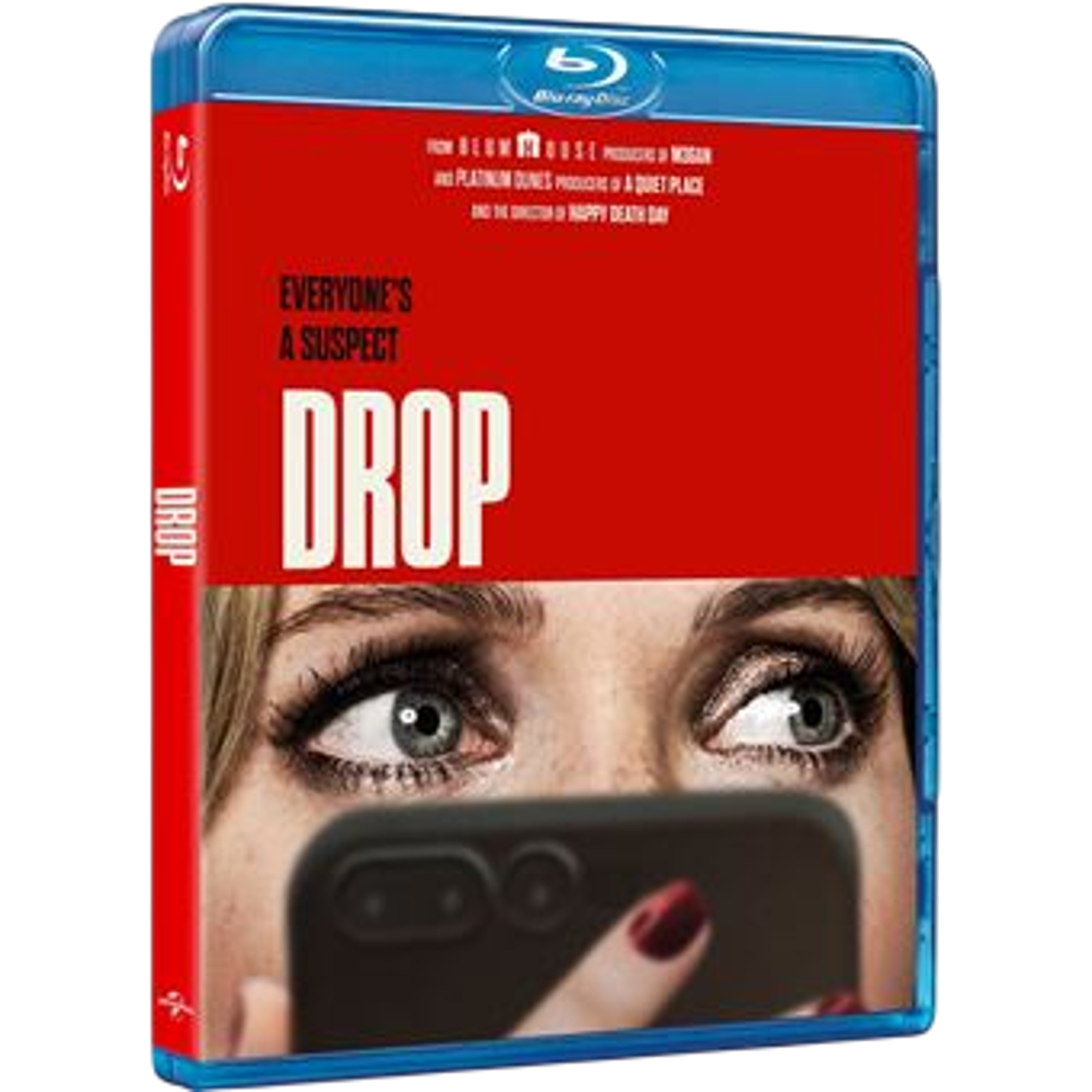Couverture Blu-ray de 'Drop'. La couverture présente les yeux d'une femme, un téléphone et le titre du film. Schéma de couleurs rouge et noir.