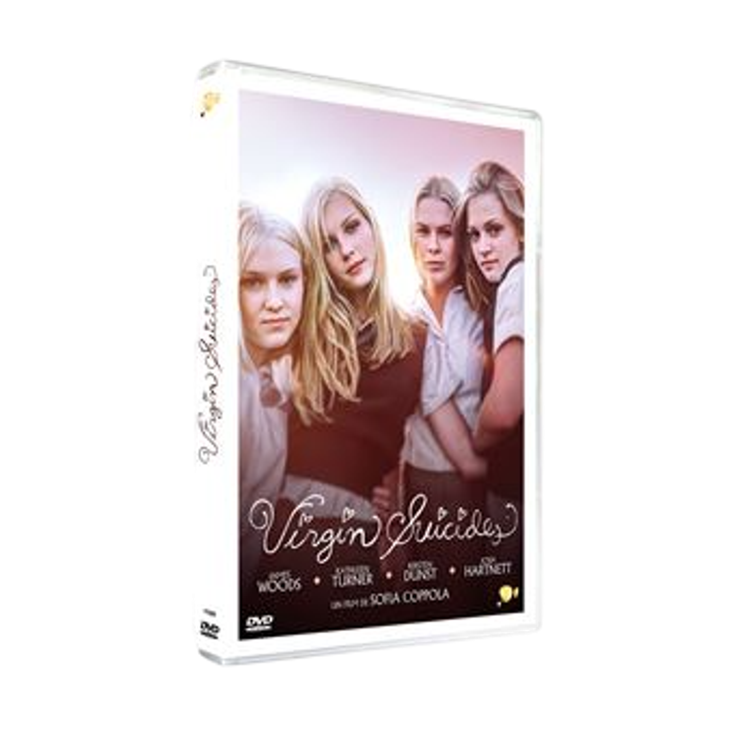 DVD-hoes van de film 'The Virgin Suicides'. Vier jonge vrouwen op de cover. Titel in cursief, namen eronder. Witte hoes, zwarte achtergrond.