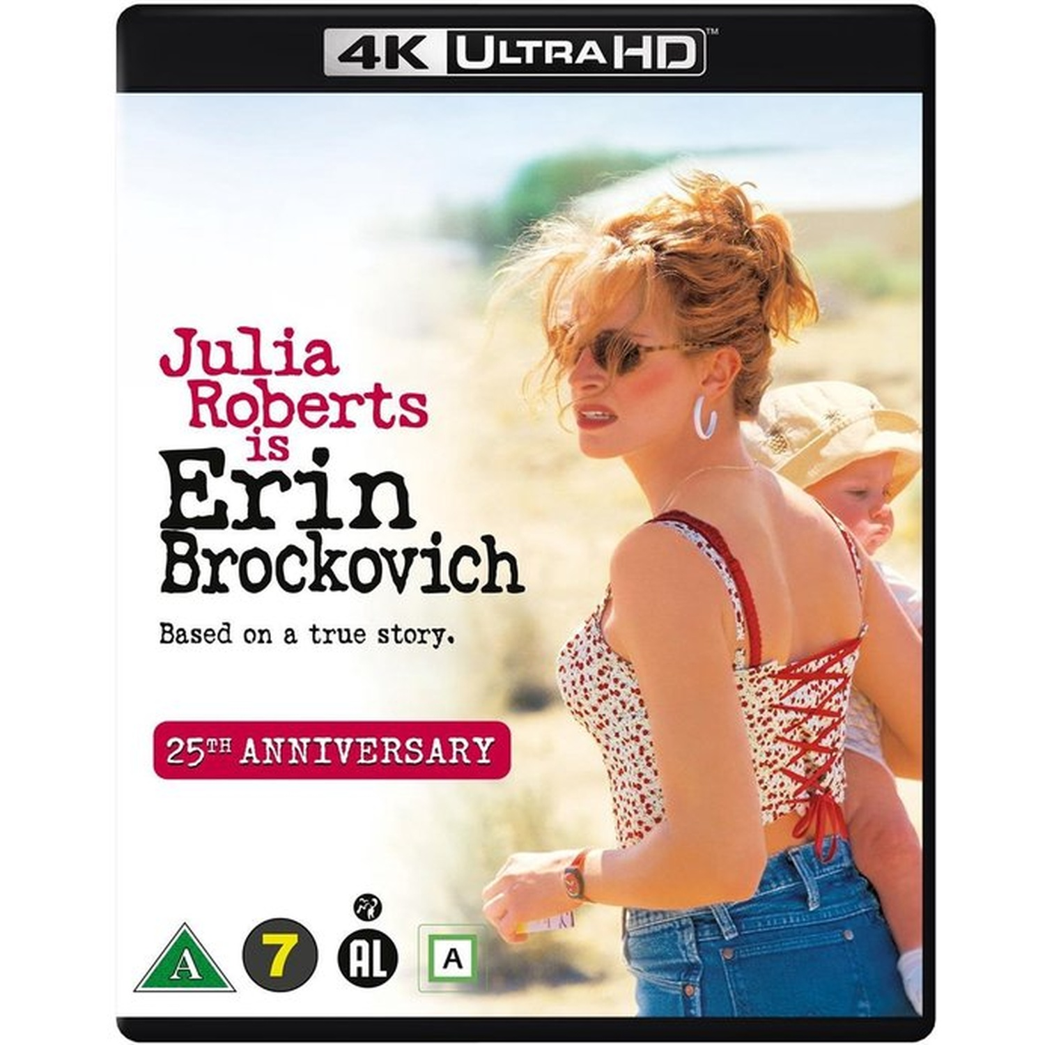 Movie cover for Erin Brockovich. Julia Roberts wears sunglasses and carries a baby. Text includes title and anniversary.