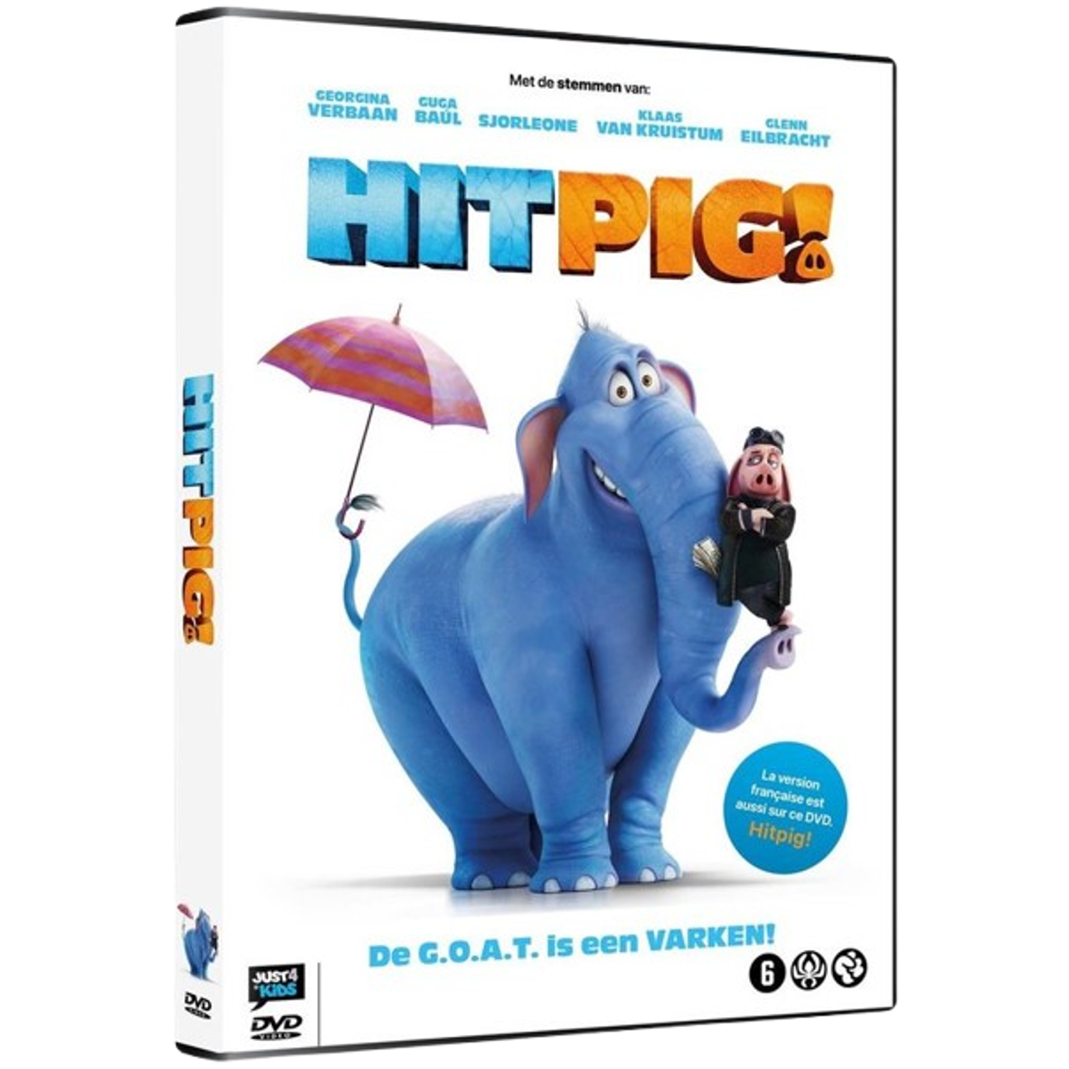 DVD-hoes voor "Hitpig!". Blauwe olifant houdt een varken vast met een paraplu. Titel is "Hitpig!" met namen van de cast.
