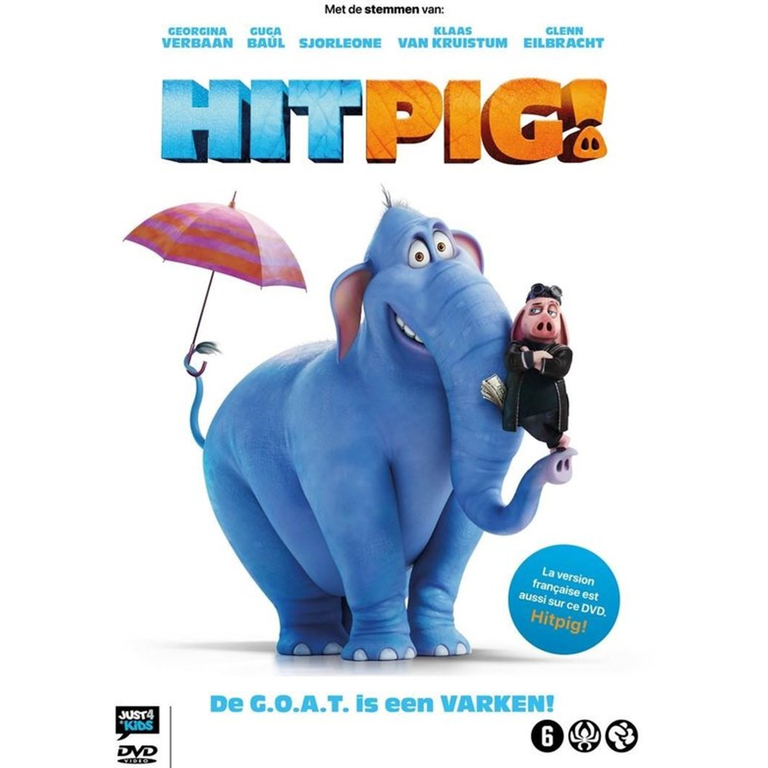 Blauwe olifant en varkenscartoonfiguren. Het varken draagt een zwarte jas. Een paraplu zweeft boven de olifant. Titel: Hitpig!