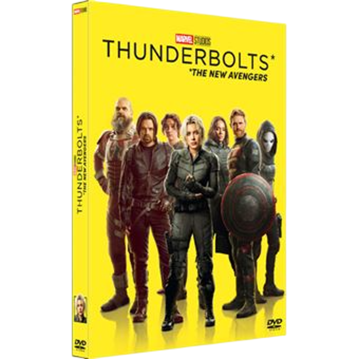 Boîtier DVD de Thunderbolts: The New Avengers. Présente un groupe de héros, dont Black Widow, sur fond jaune. Logo DVD en bas.
